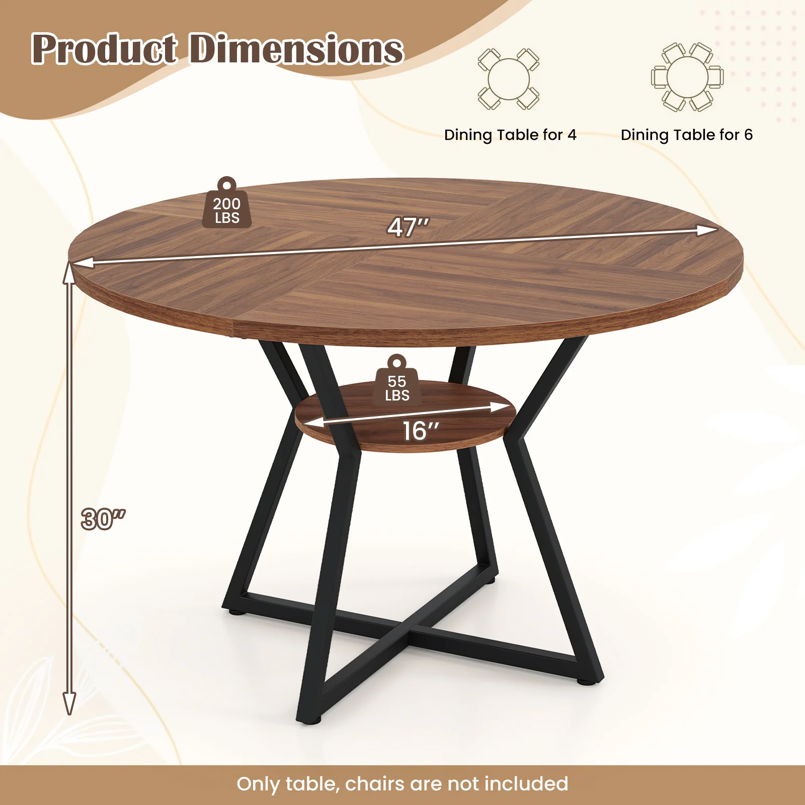 47" Round Dining Table for 4 with Storage Shelf, Brown - Image 6