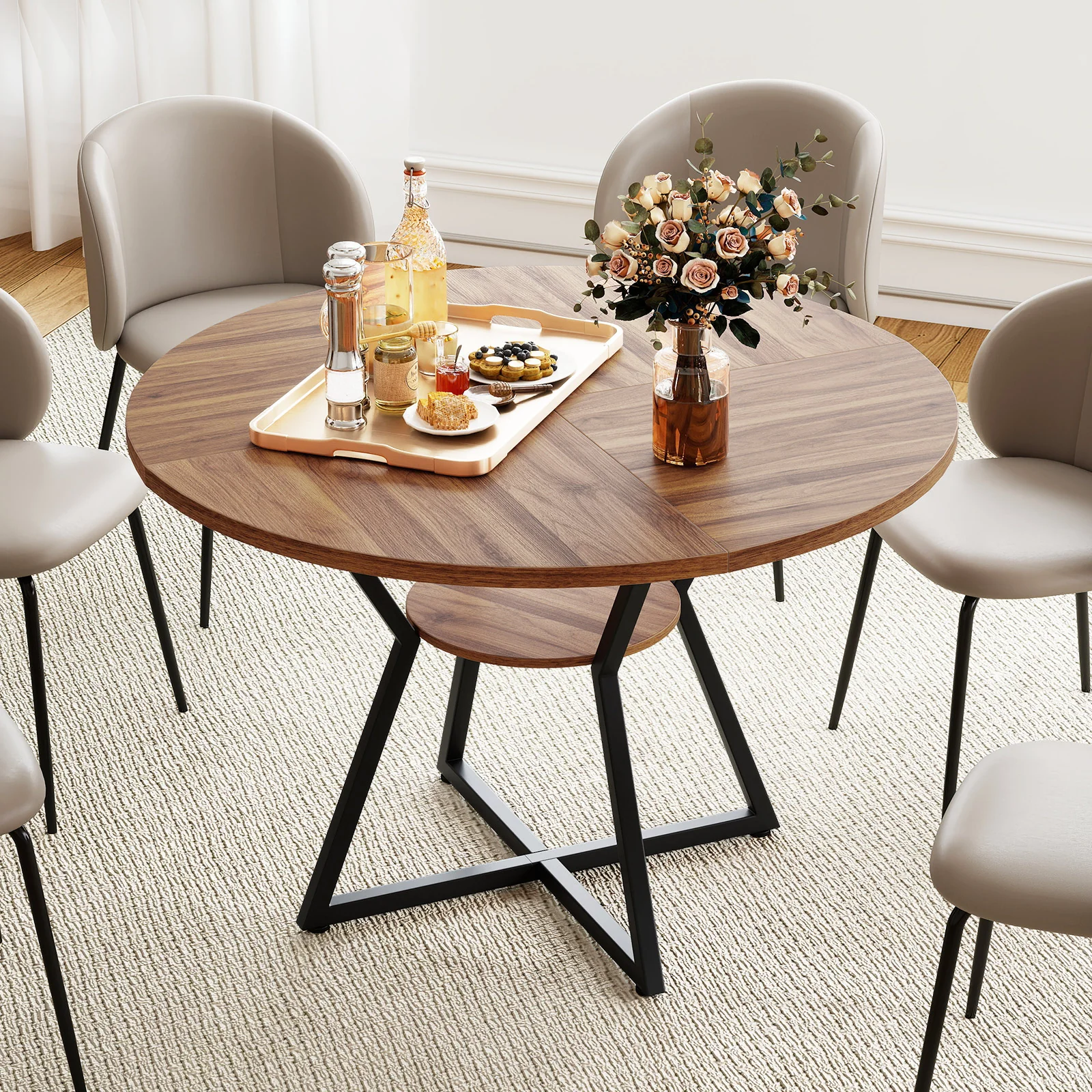 47" Round Dining Table for 4 with Storage Shelf, Brown - Image 7