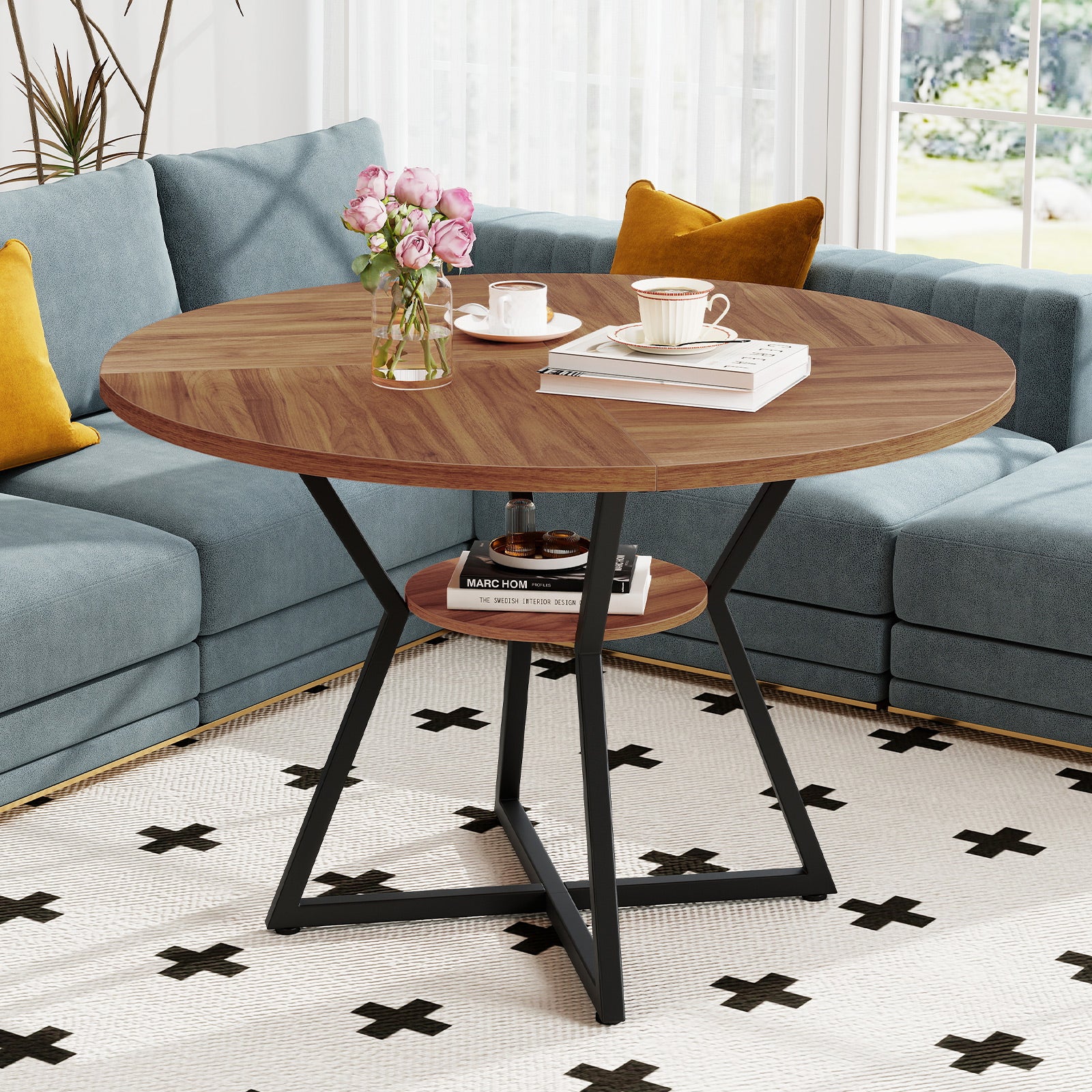 47" Round Dining Table for 4 with Storage Shelf, Brown - Image 8