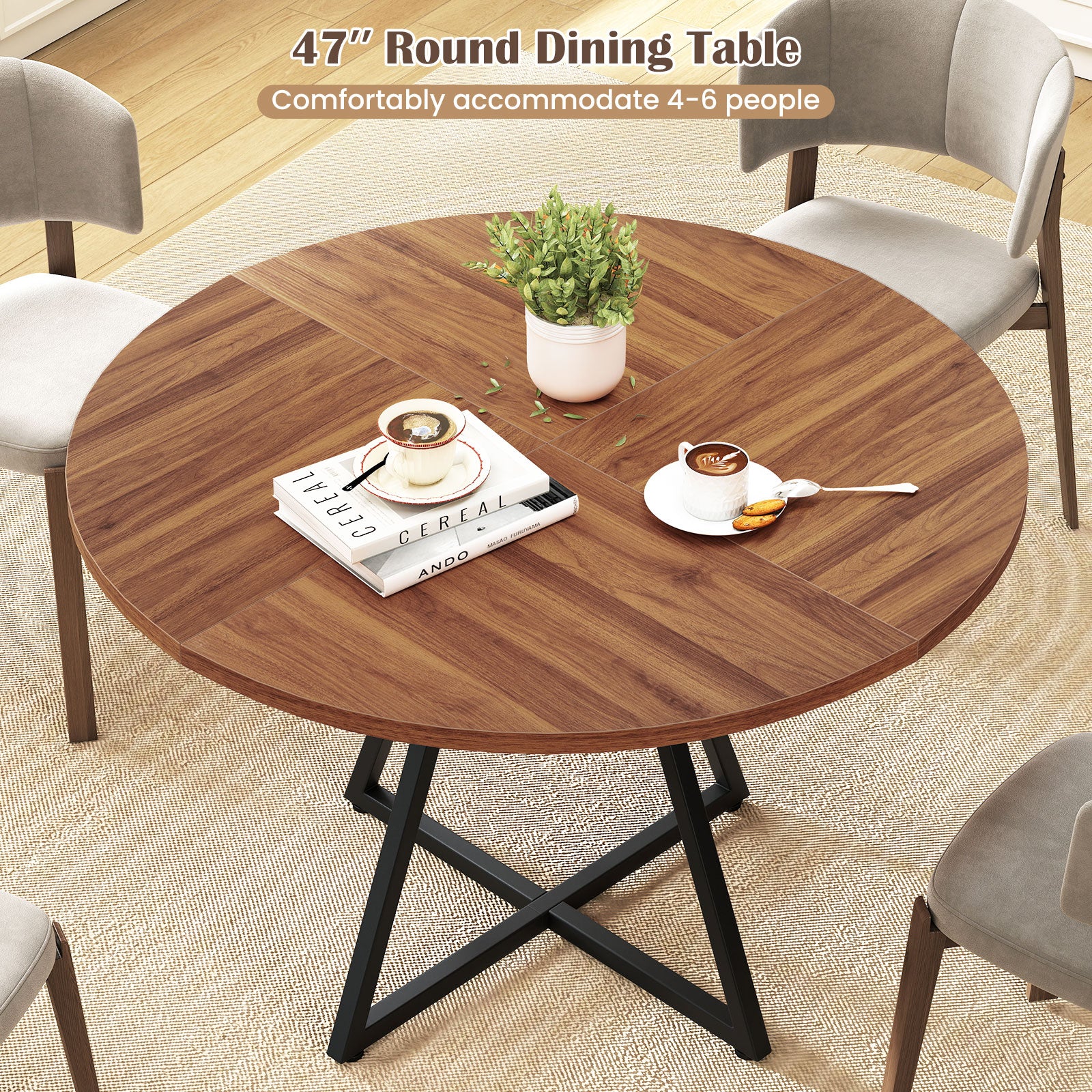47" Round Dining Table for 4 with Storage Shelf, Brown - Image 9