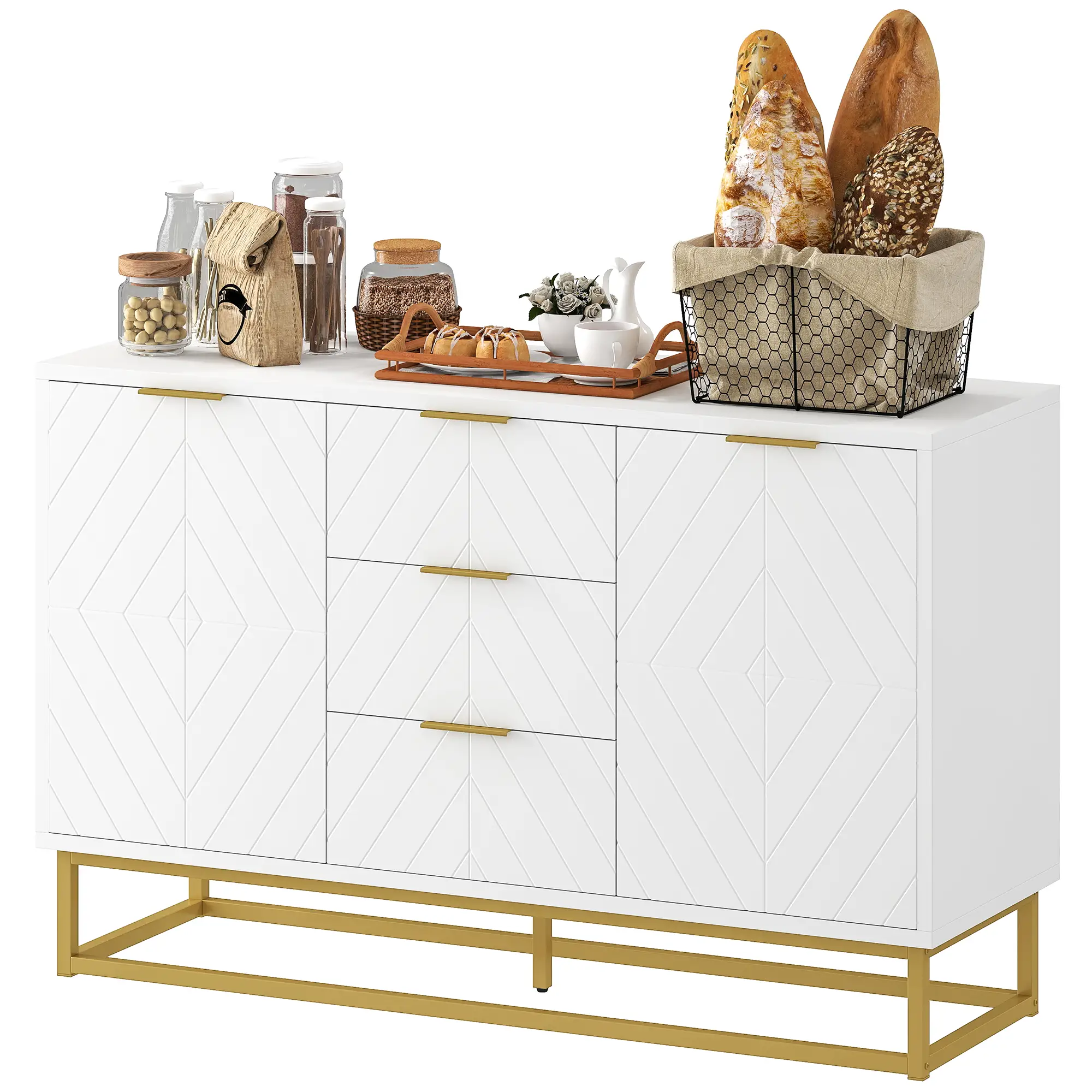 47" Sideboard Buffet Cabinet, Adjustable Shelves, Metal Legs, White