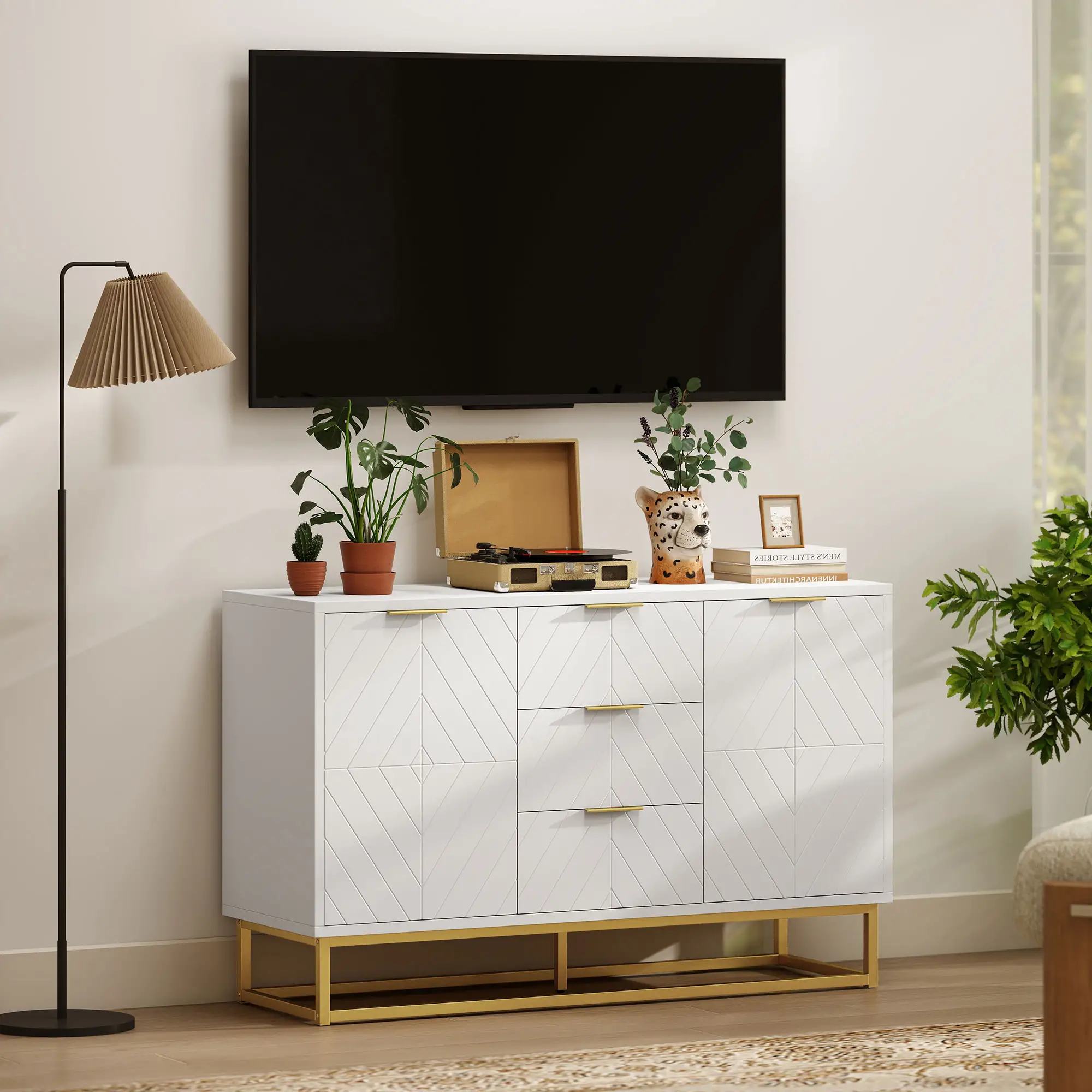 47" Sideboard Buffet Cabinet, Adjustable Shelves, Metal Legs, White - Image 11