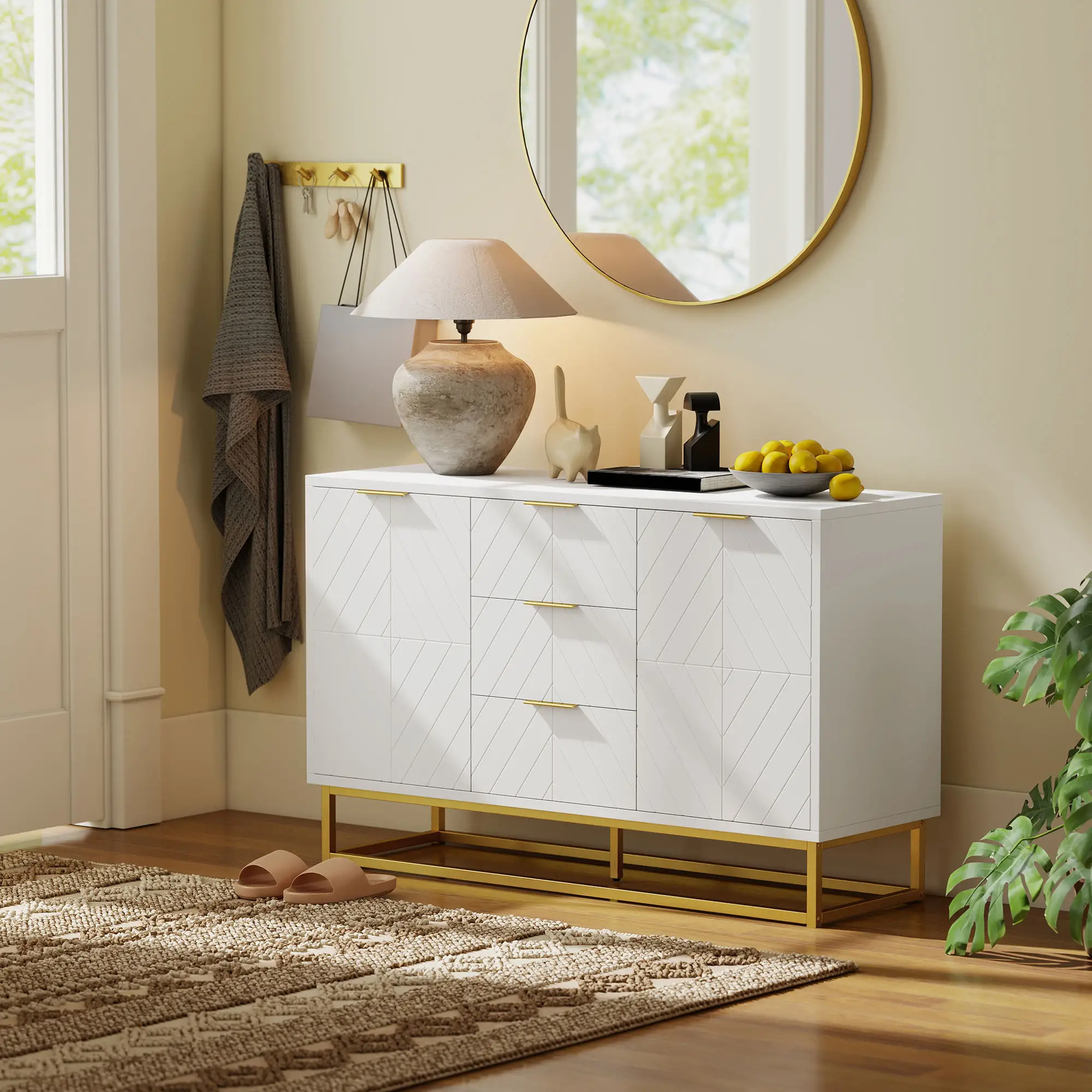 47" Sideboard Buffet Cabinet, Adjustable Shelves, Metal Legs, White - Image 12