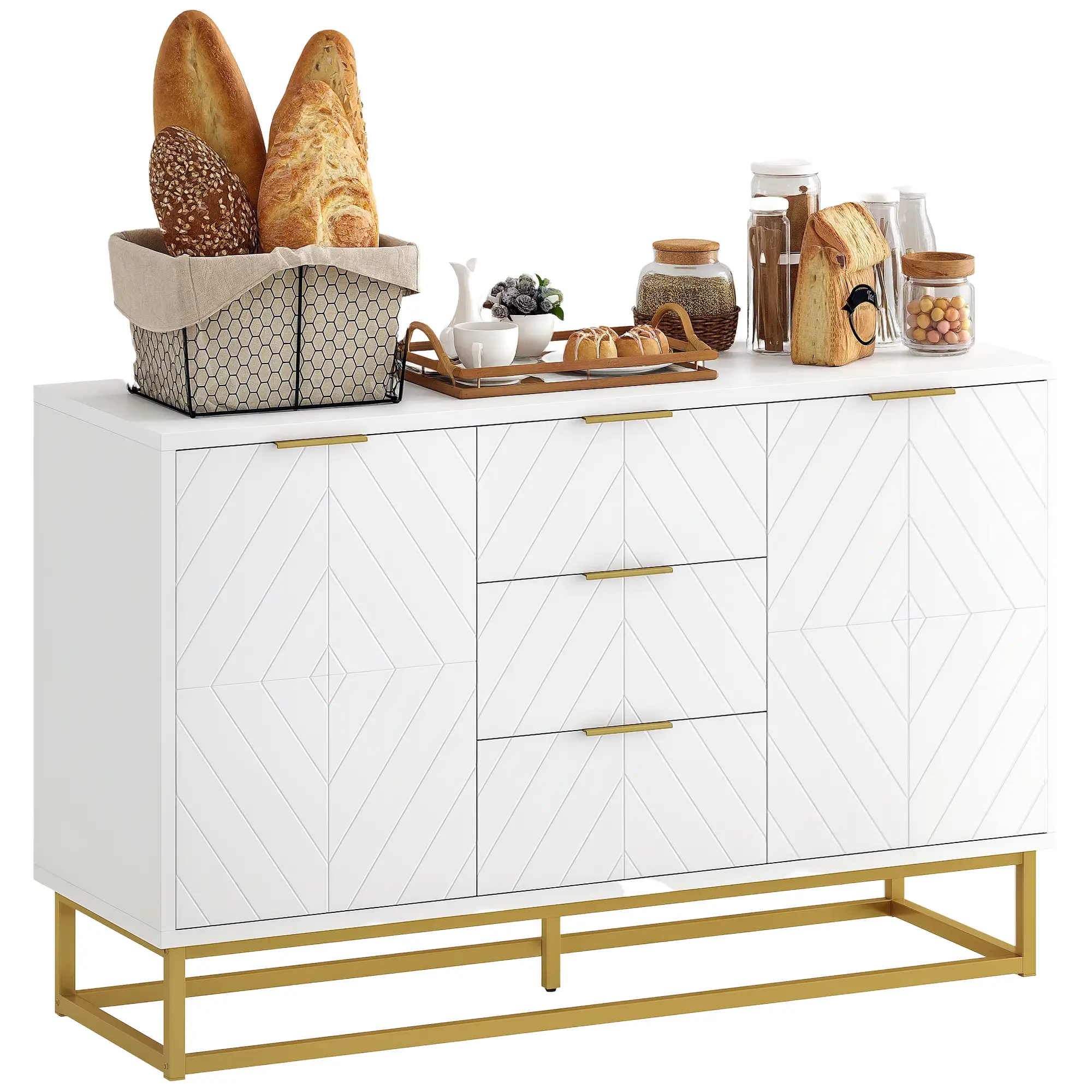 47" Sideboard Buffet Cabinet, Adjustable Shelves, Metal Legs, White - Image 13
