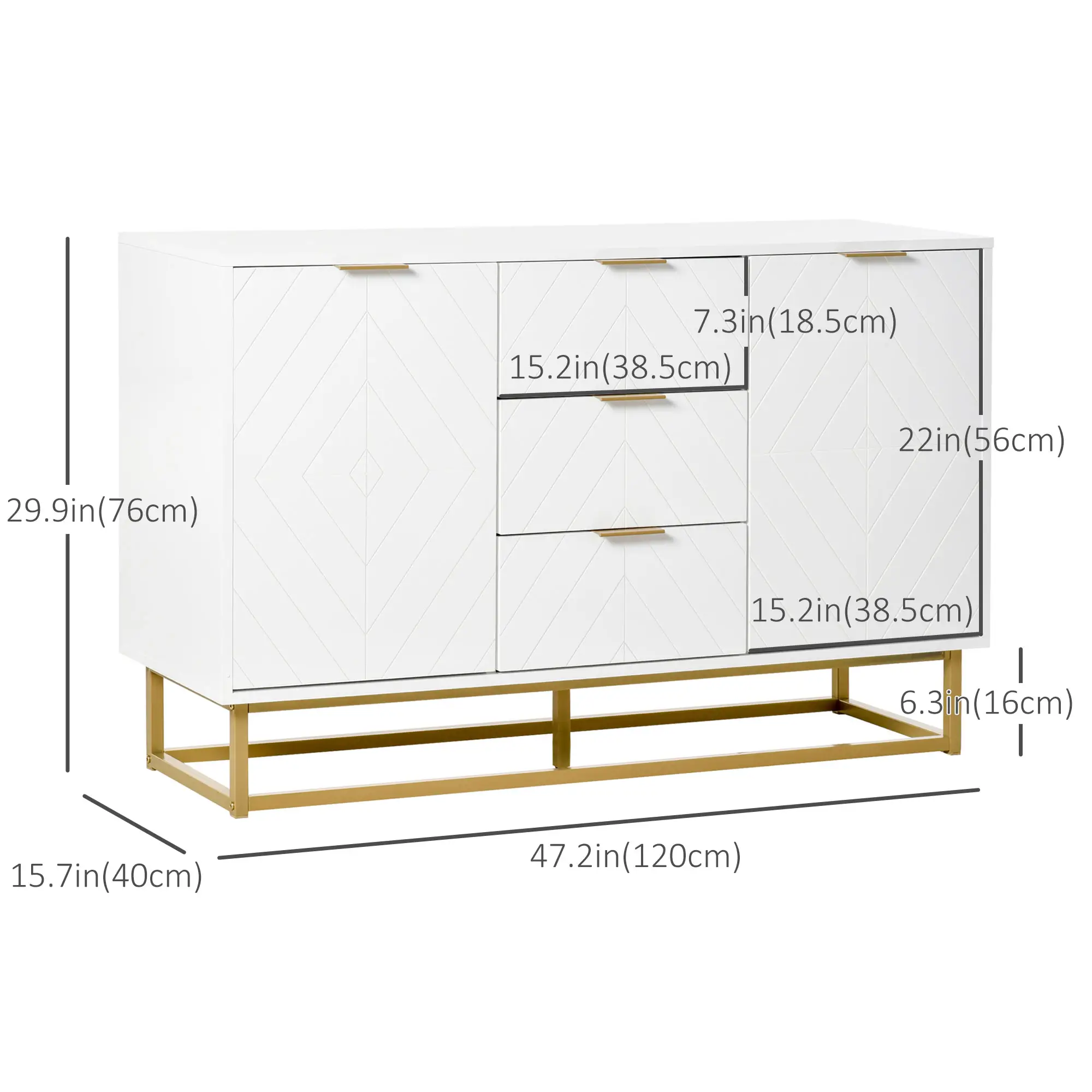 47" Sideboard Buffet Cabinet, Adjustable Shelves, Metal Legs, White - Image 3