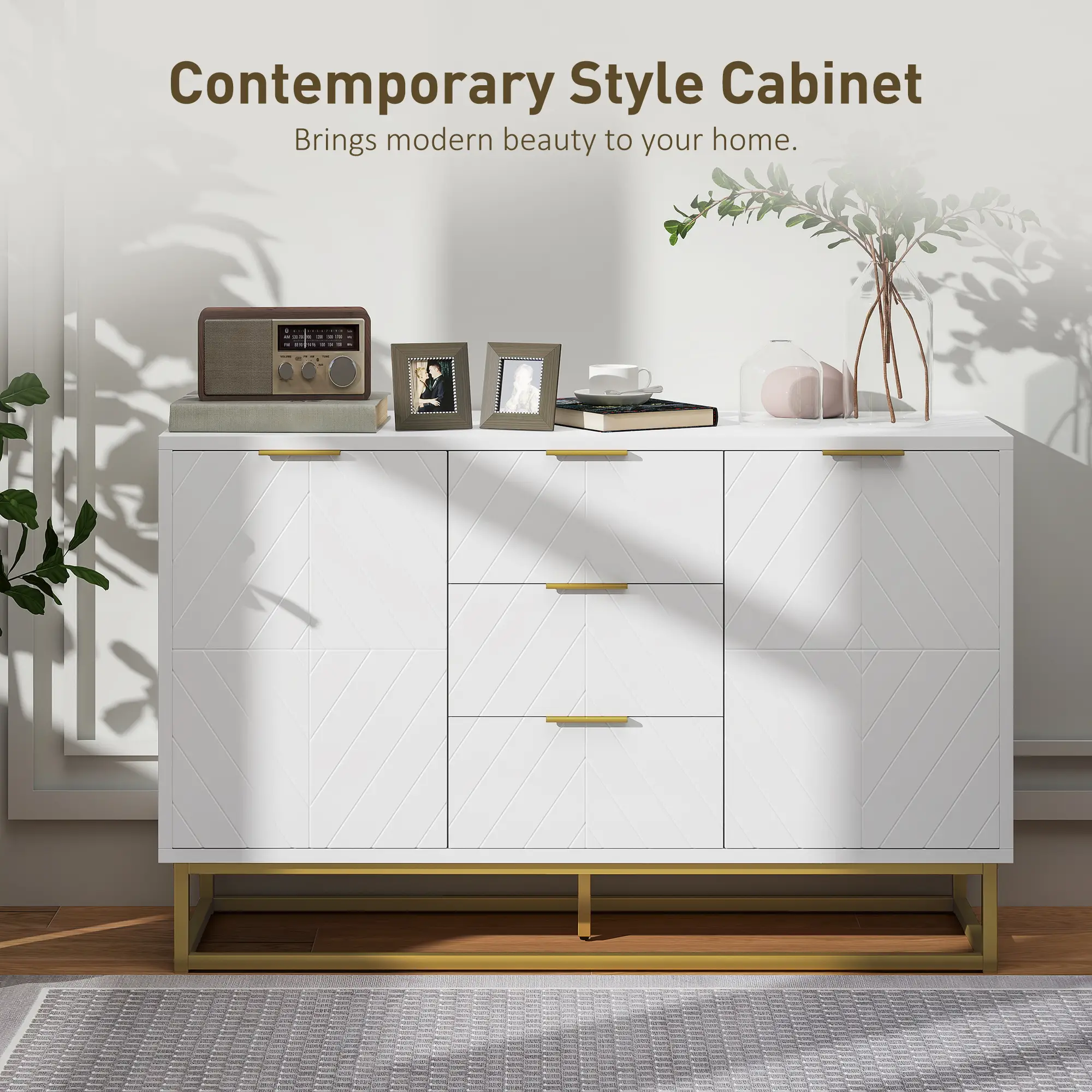 47" Sideboard Buffet Cabinet, Adjustable Shelves, Metal Legs, White - Image 4