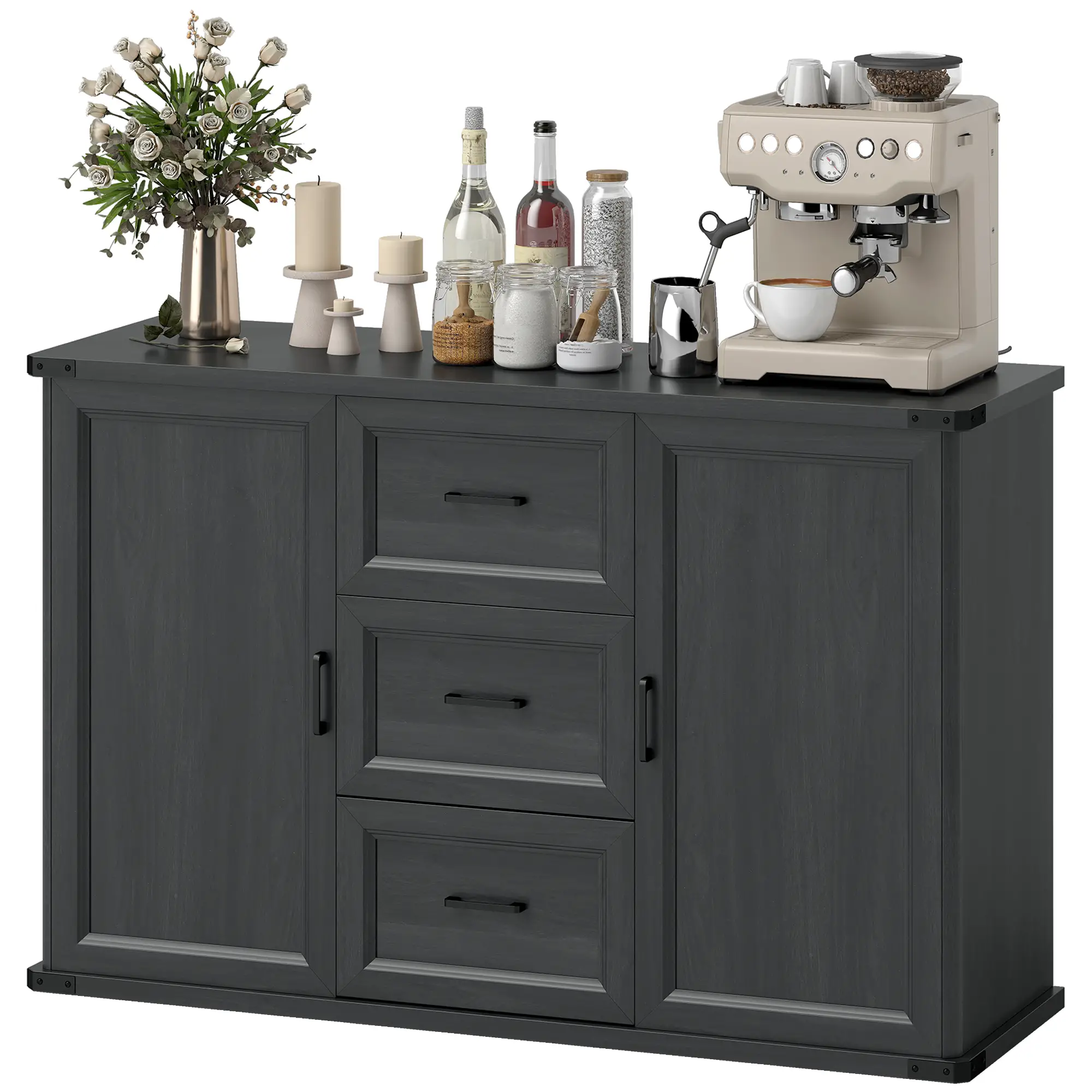 47" Sideboard With 3 Drawers, 2 Doors, Adjustable Shelves, Wood Grain, Black