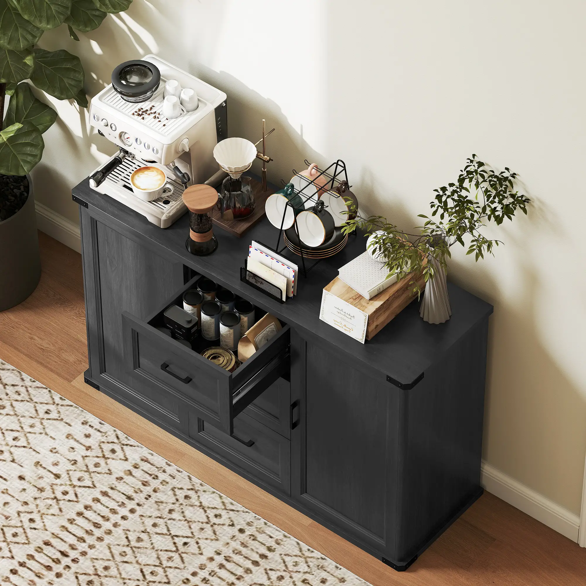 47" Sideboard With 3 Drawers, 2 Doors, Adjustable Shelves, Wood Grain, Black - Image 10