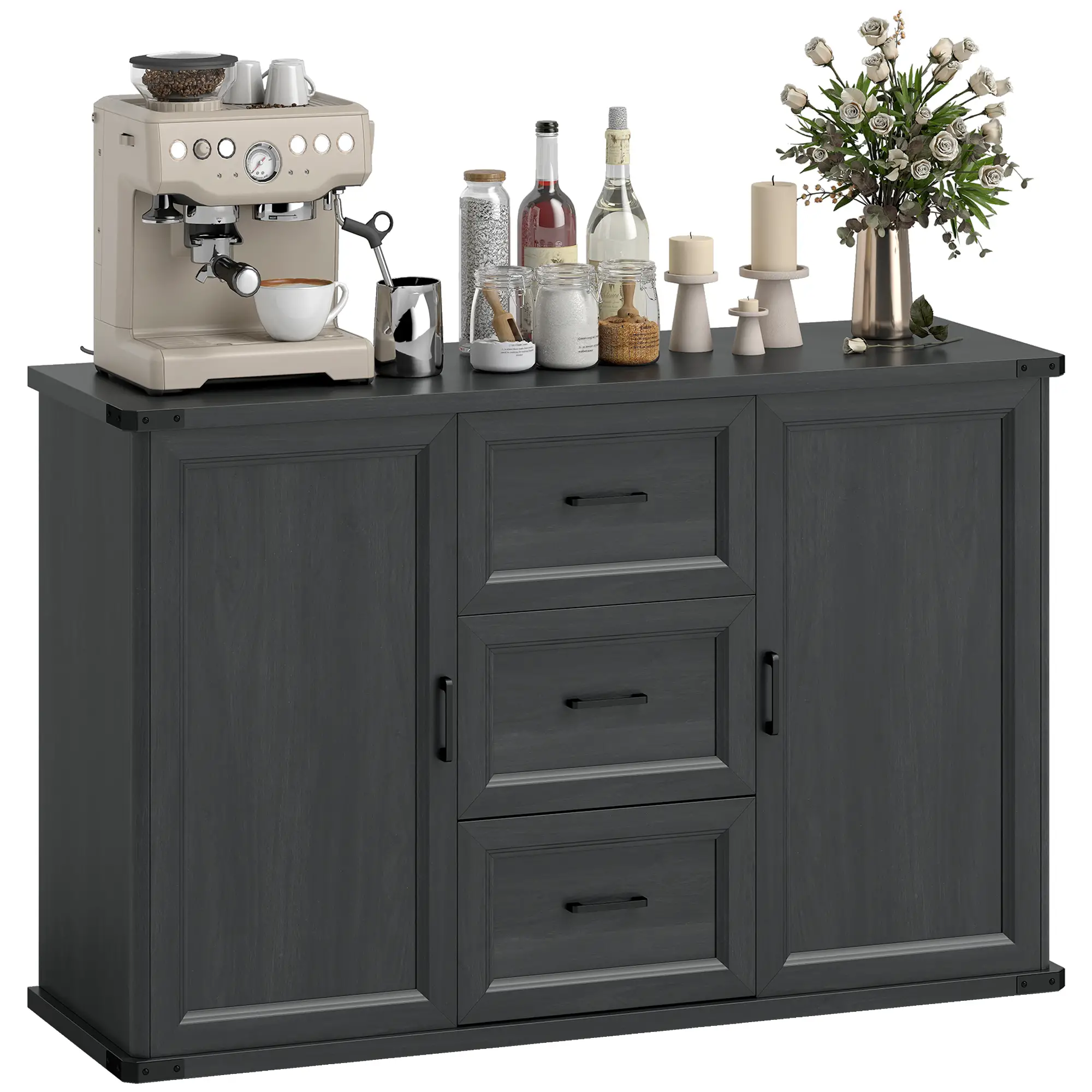 47" Sideboard With 3 Drawers, 2 Doors, Adjustable Shelves, Wood Grain, Black - Image 11
