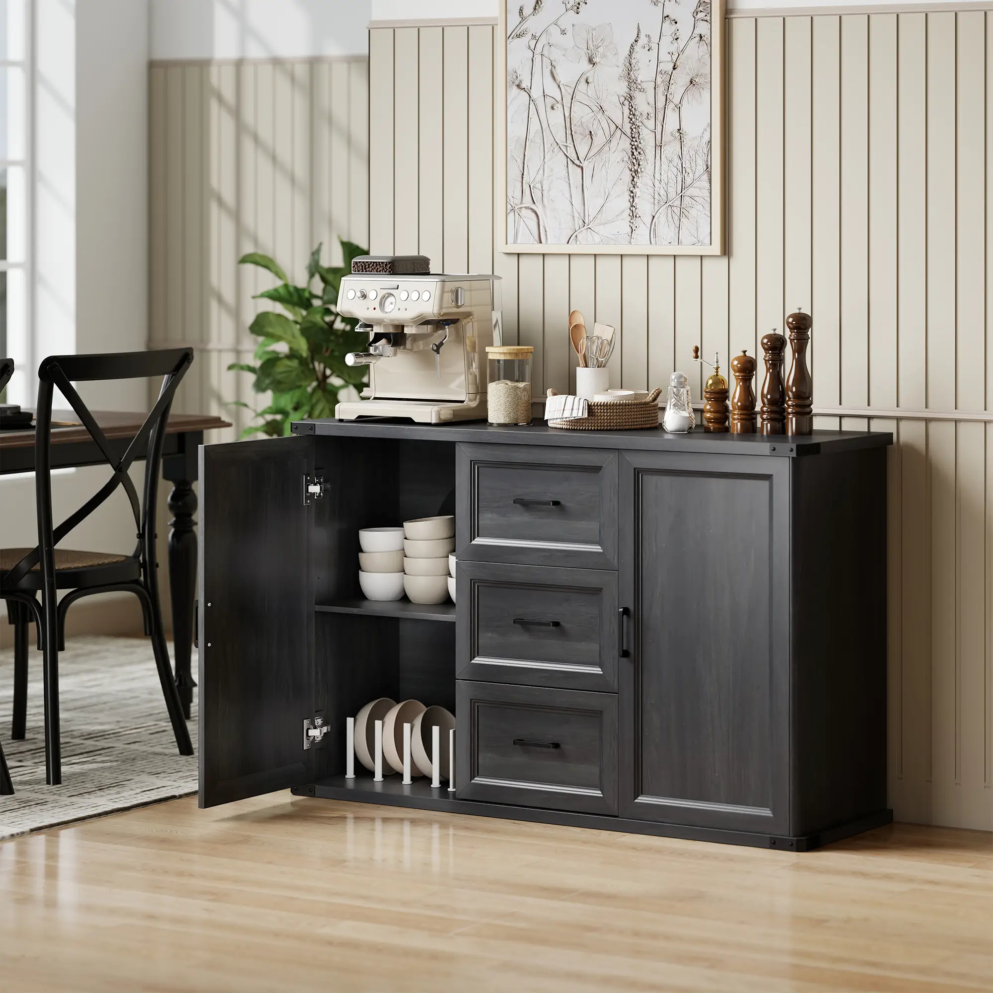47" Sideboard With 3 Drawers, 2 Doors, Adjustable Shelves, Wood Grain, Black - Image 2
