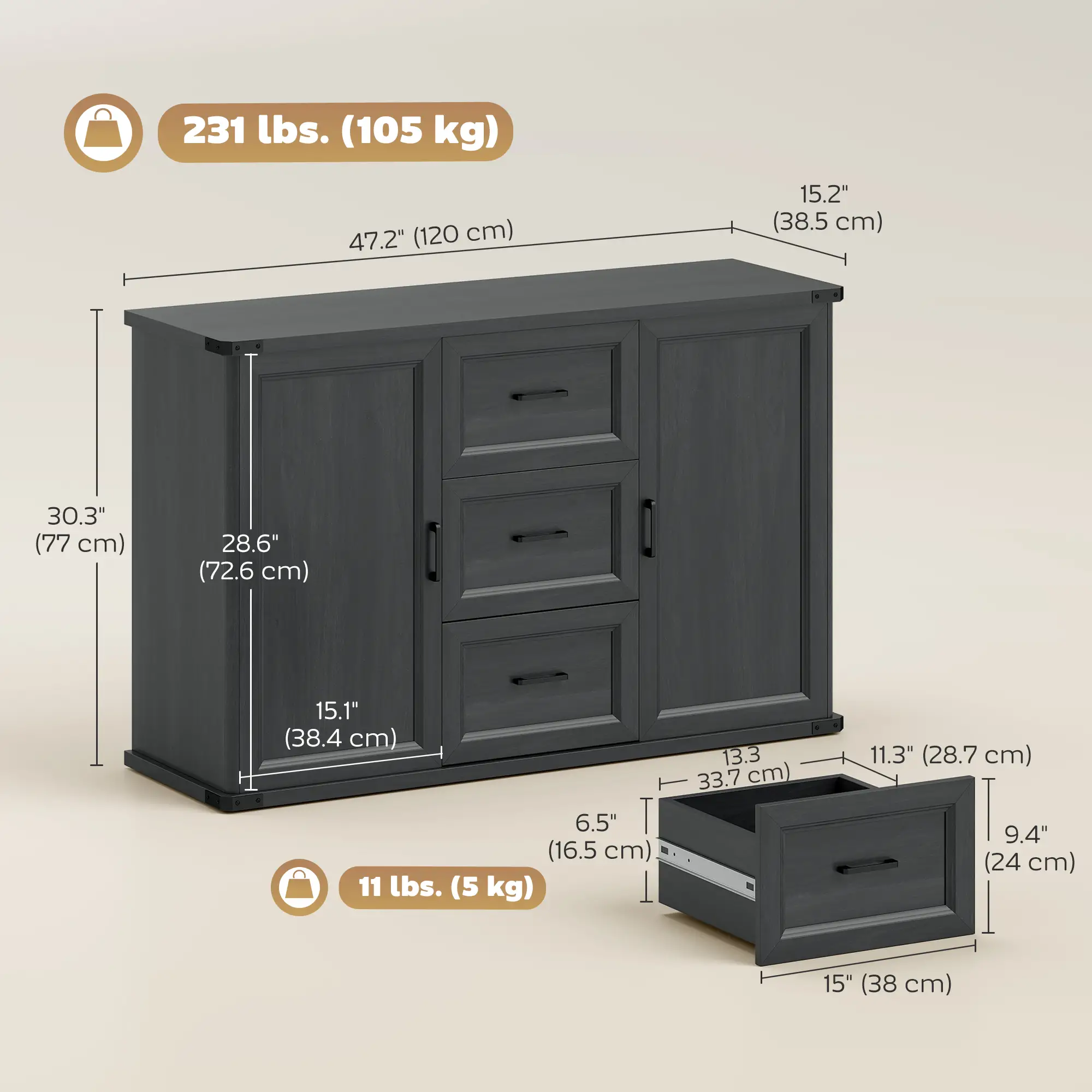 47" Sideboard With 3 Drawers, 2 Doors, Adjustable Shelves, Wood Grain, Black - Image 3