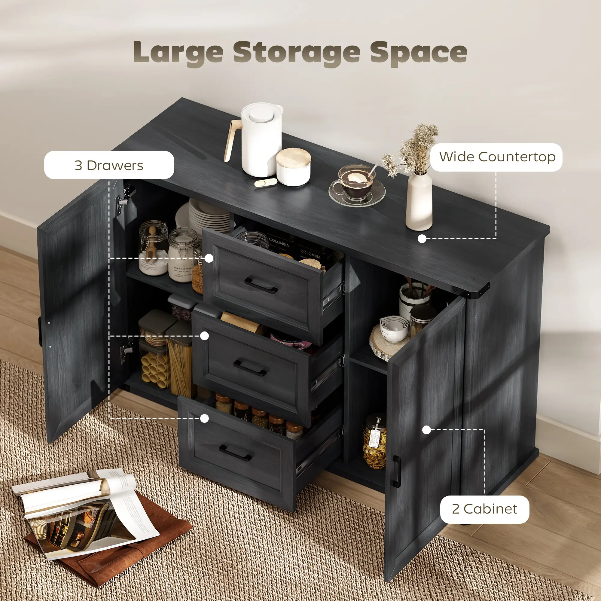 47" Sideboard With 3 Drawers, 2 Doors, Adjustable Shelves, Wood Grain, Black - Image 4