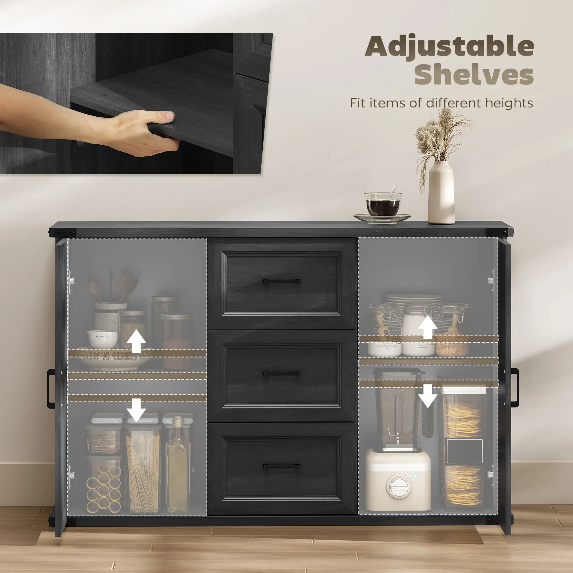 47" Sideboard With 3 Drawers, 2 Doors, Adjustable Shelves, Wood Grain, Black - Image 5