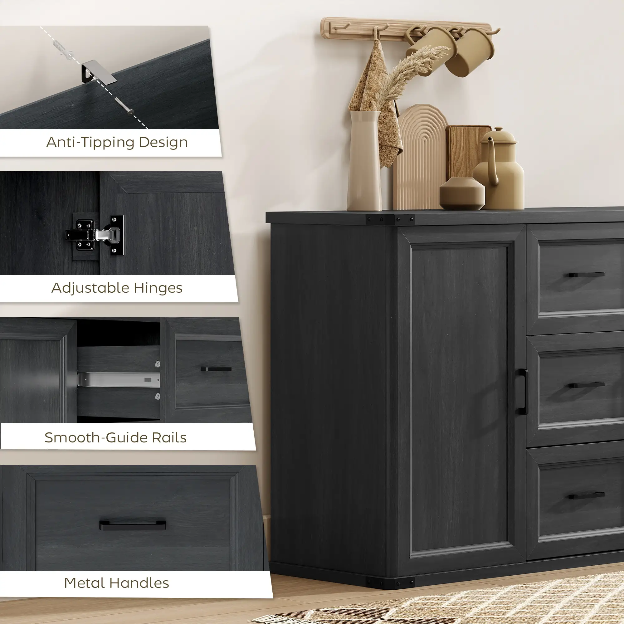 47" Sideboard With 3 Drawers, 2 Doors, Adjustable Shelves, Wood Grain, Black - Image 6
