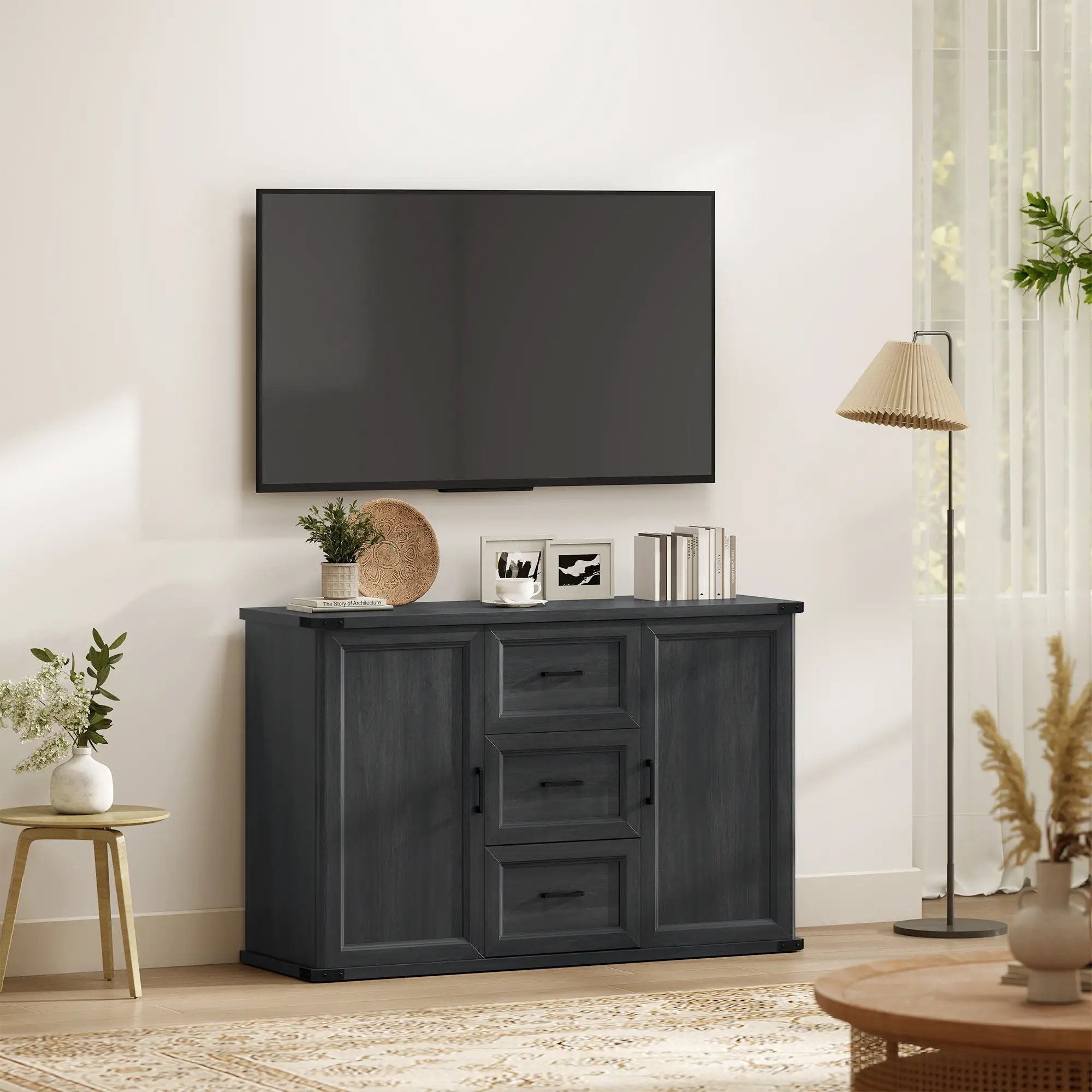 47" Sideboard With 3 Drawers, 2 Doors, Adjustable Shelves, Wood Grain, Black - Image 7