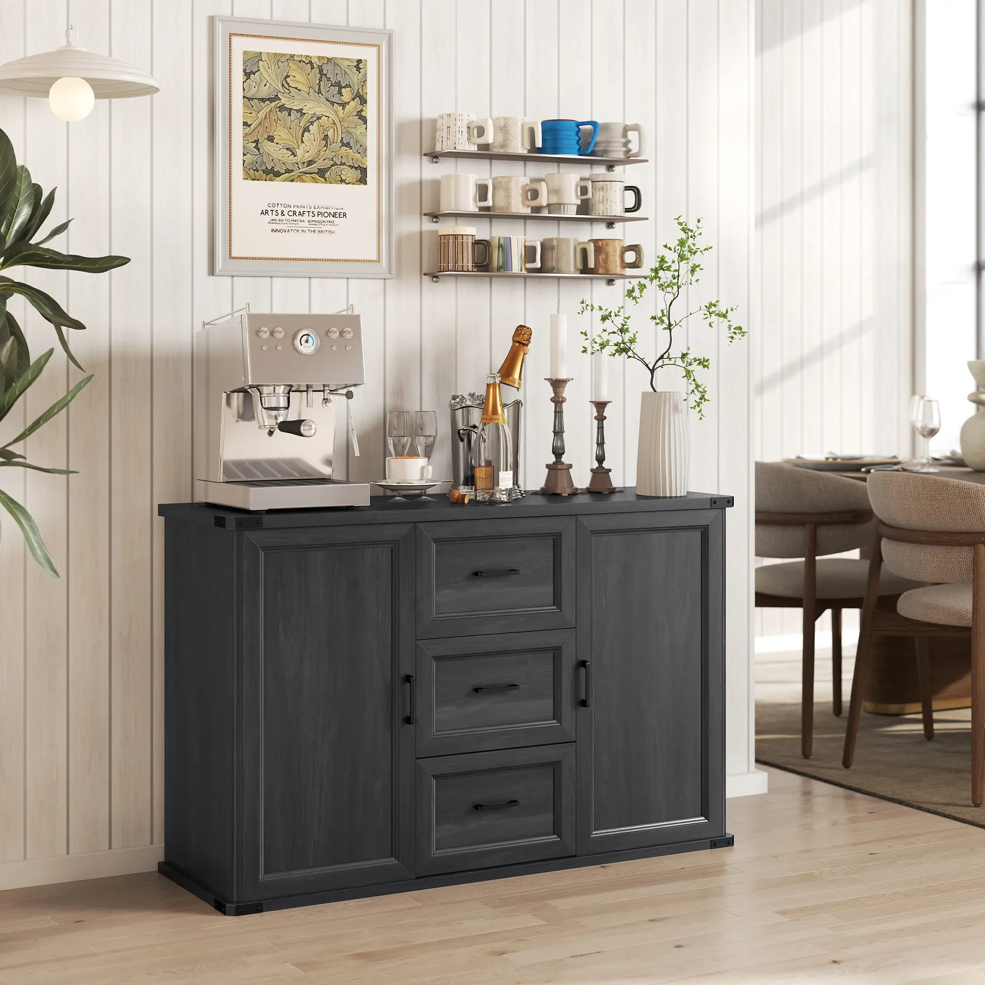 47" Sideboard With 3 Drawers, 2 Doors, Adjustable Shelves, Wood Grain, Black - Image 8