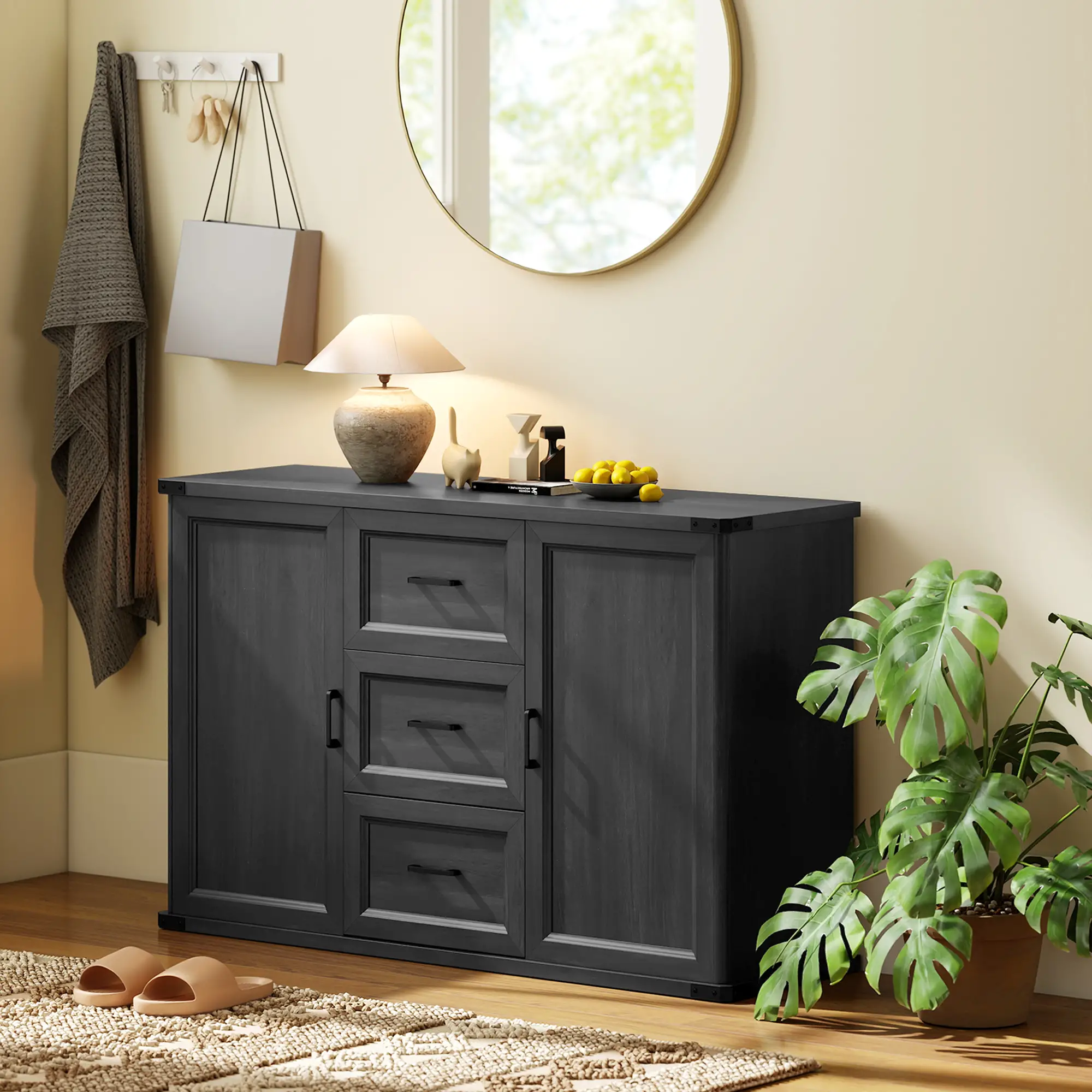47" Sideboard With 3 Drawers, 2 Doors, Adjustable Shelves, Wood Grain, Black - Image 9