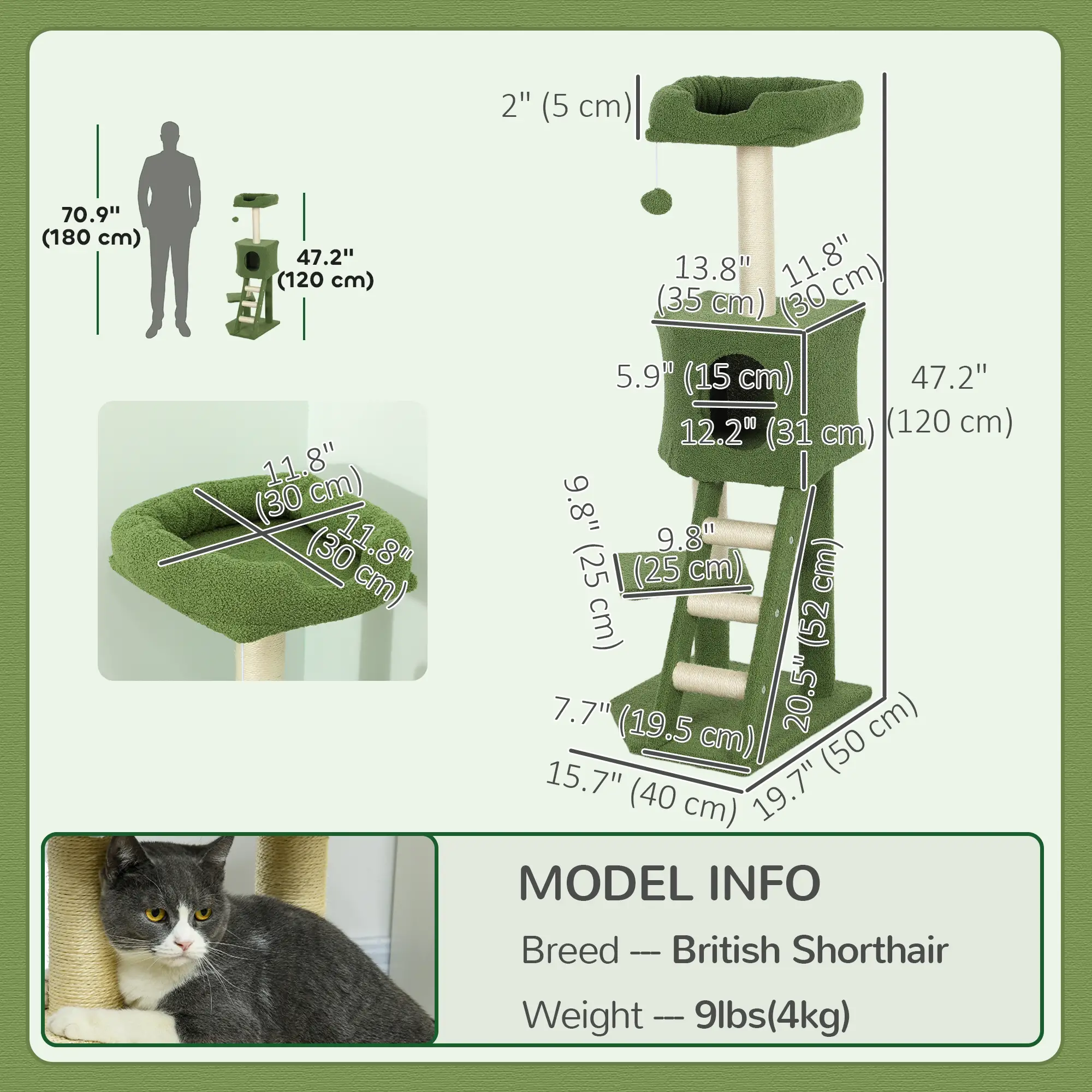 47" Tall Cat Tree Tower, Condo, Ladder, Scratching Posts, Green - Image 3