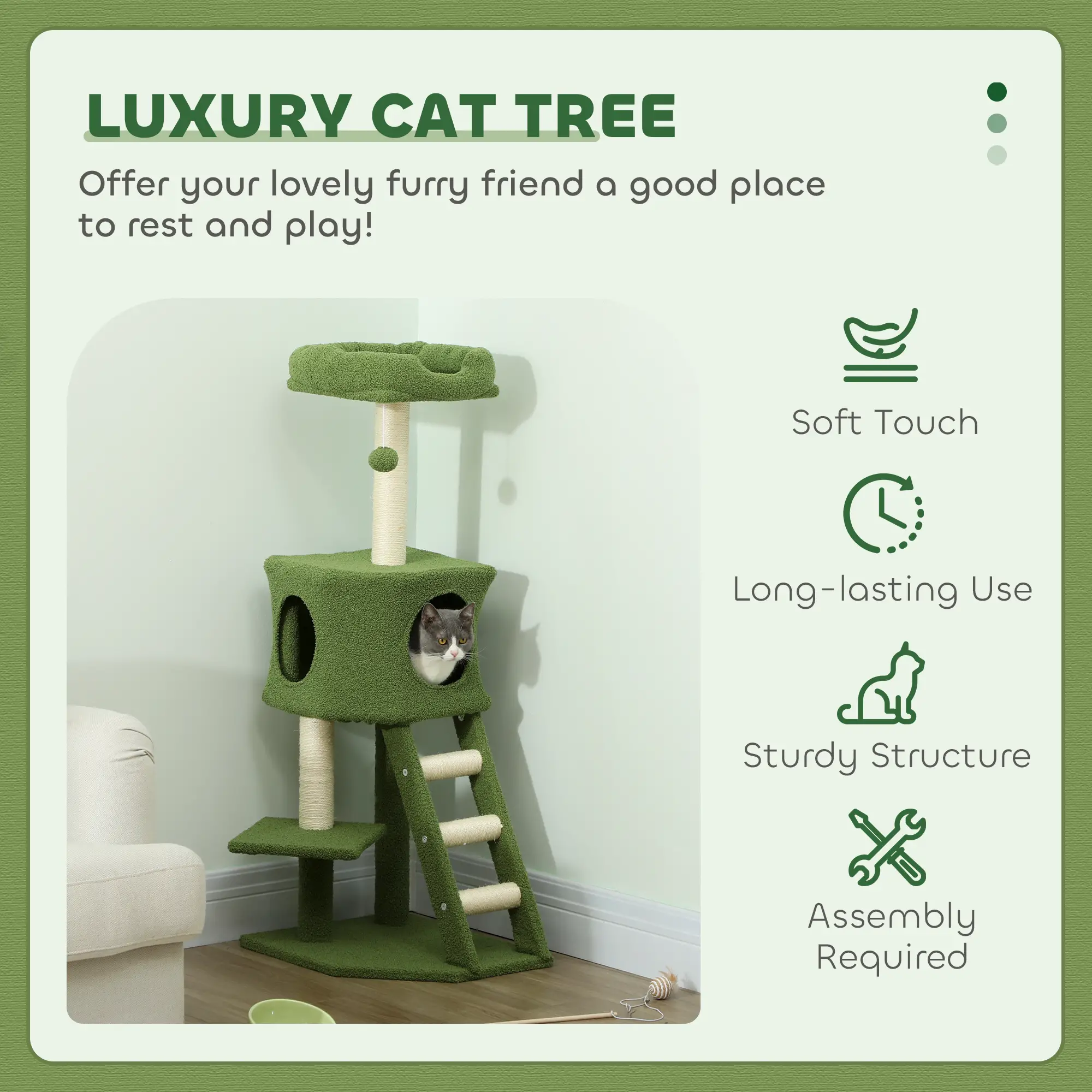 47" Tall Cat Tree Tower, Condo, Ladder, Scratching Posts, Green - Image 4