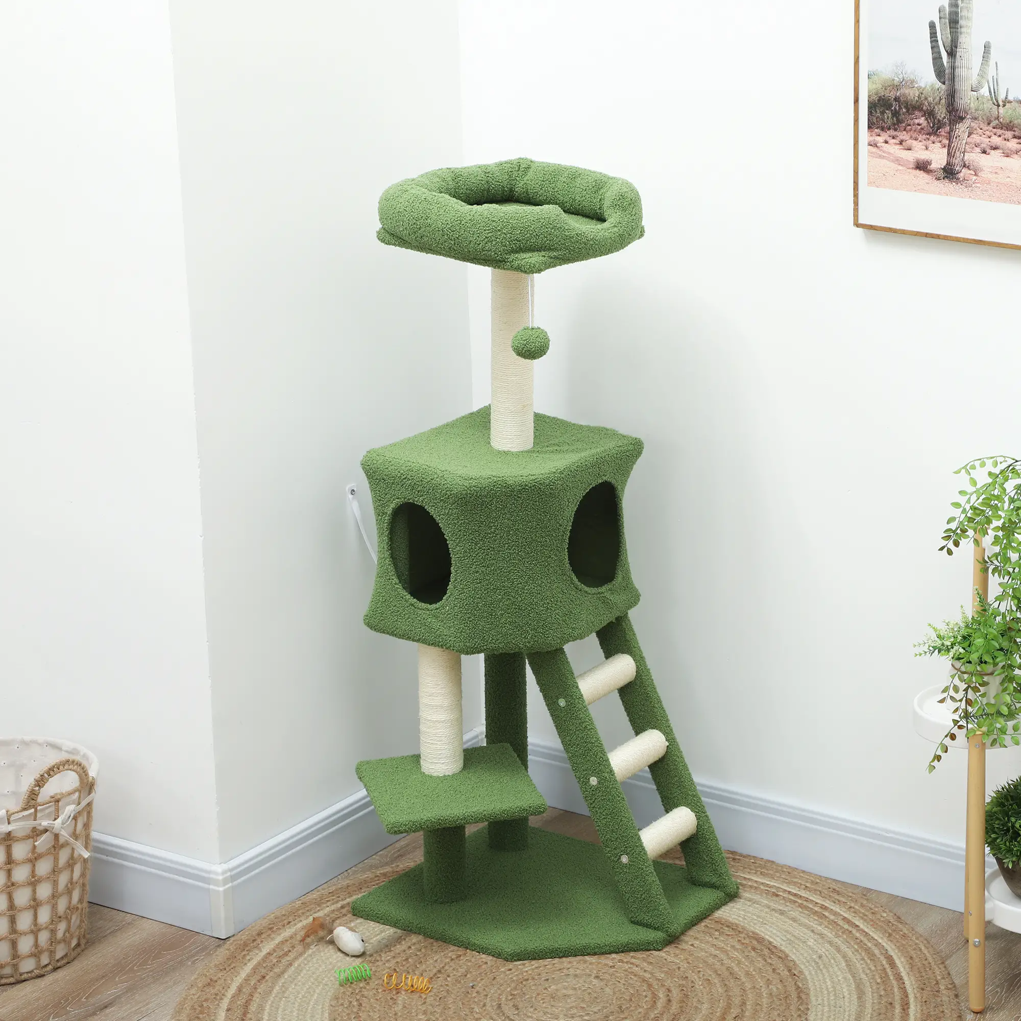 47" Tall Cat Tree Tower, Condo, Ladder, Scratching Posts, Green - Image 9