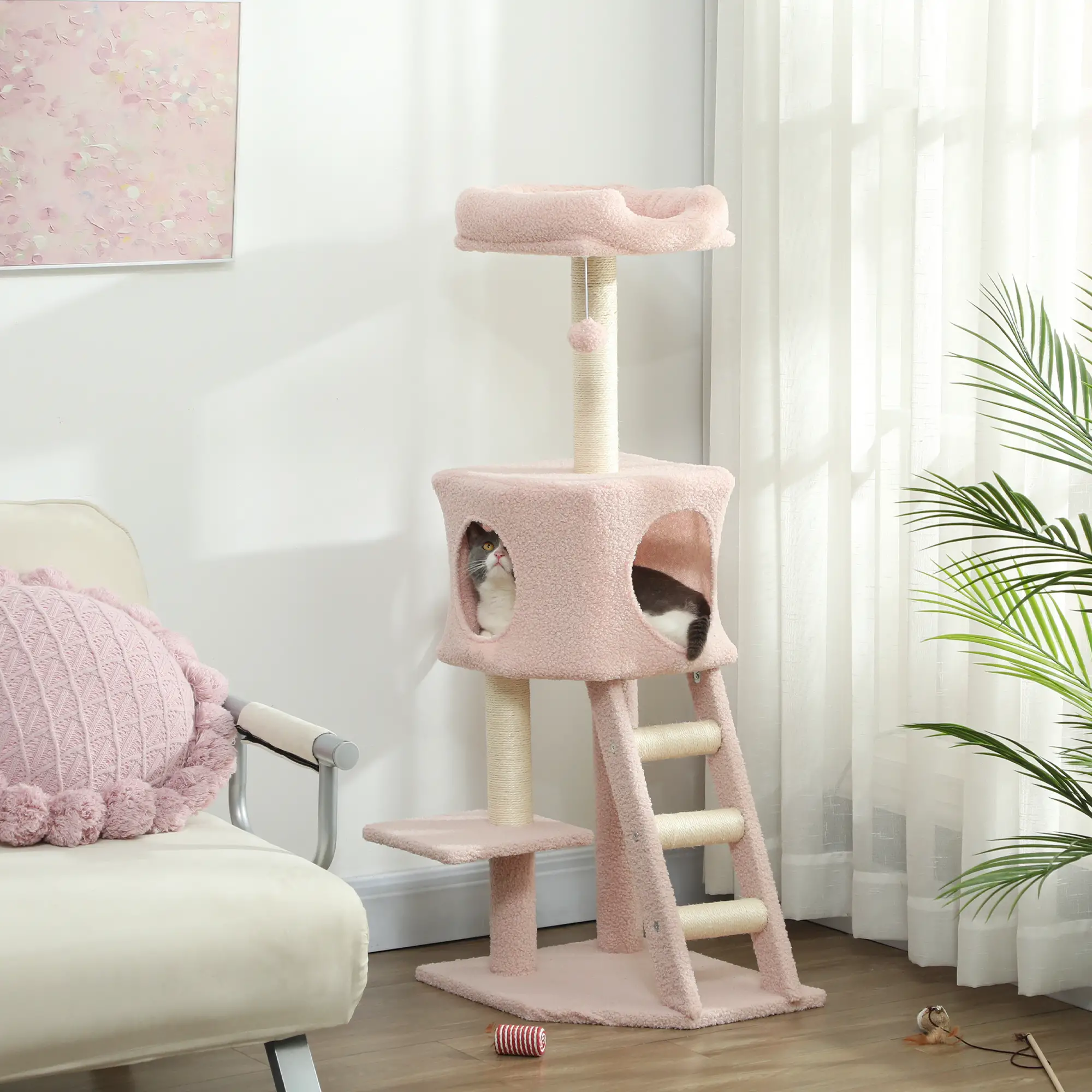 47" Tall Cat Tree Tower, Condo, Ladder, Scratching Posts, Pink - Image 2