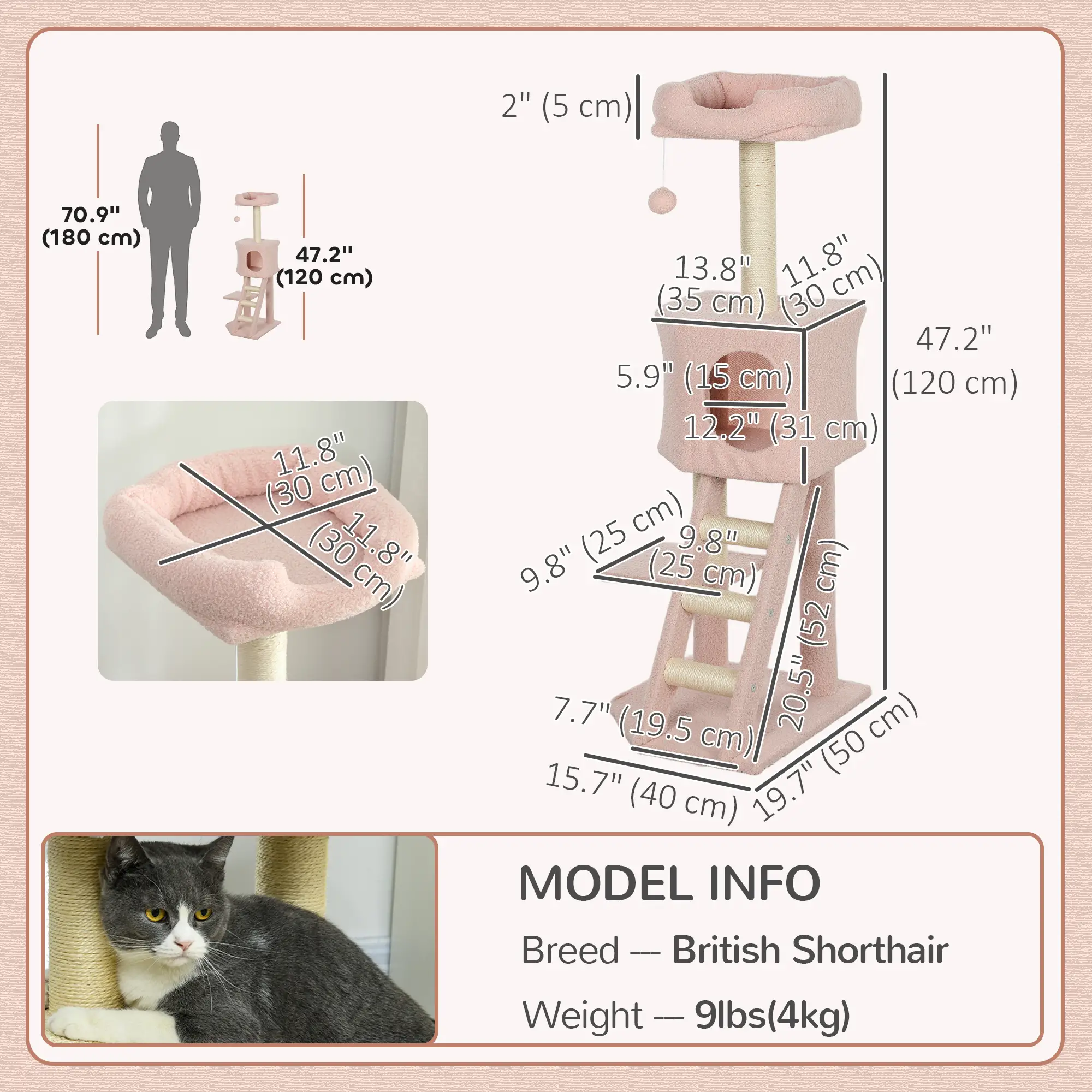 47" Tall Cat Tree Tower, Condo, Ladder, Scratching Posts, Pink - Image 3