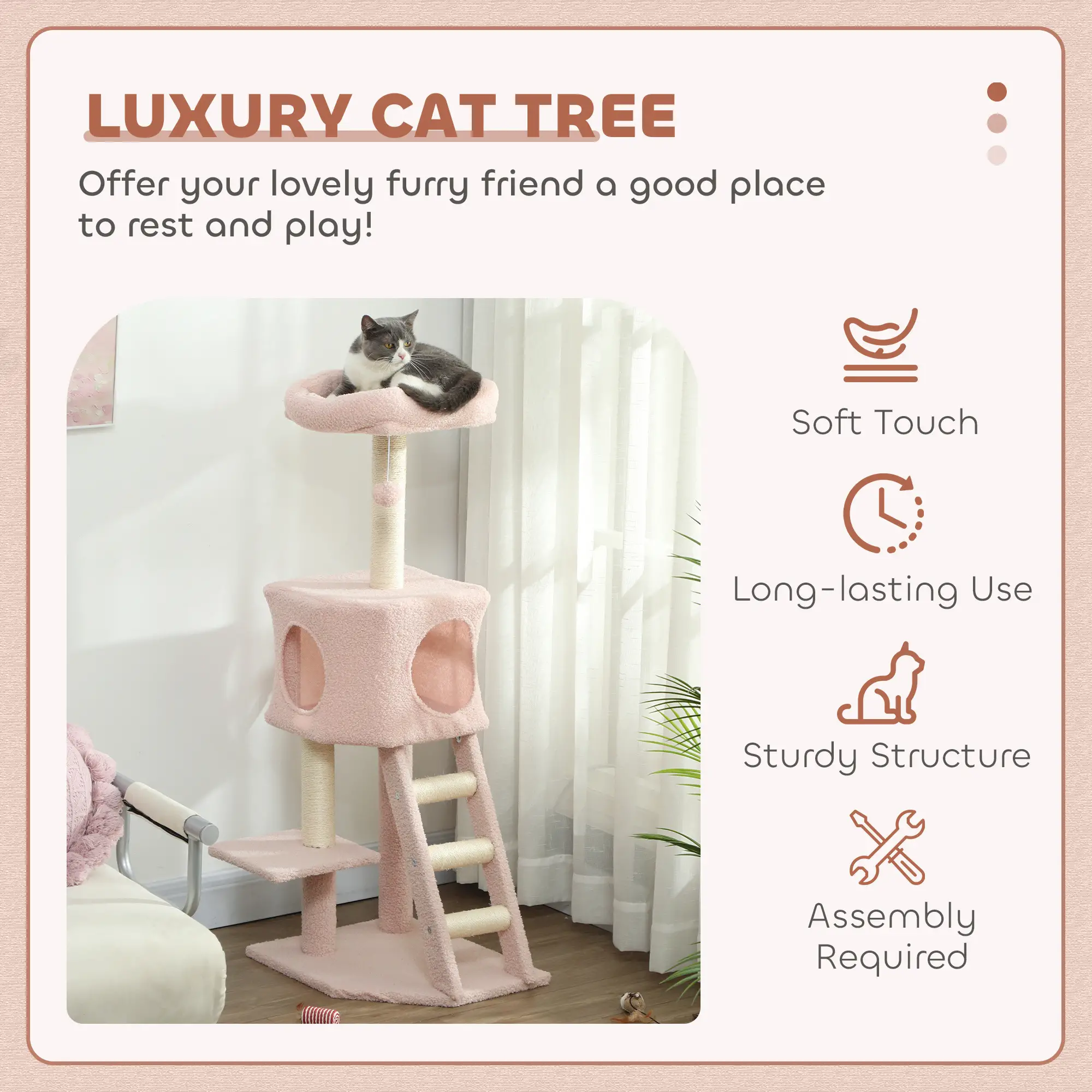 47" Tall Cat Tree Tower, Condo, Ladder, Scratching Posts, Pink - Image 4