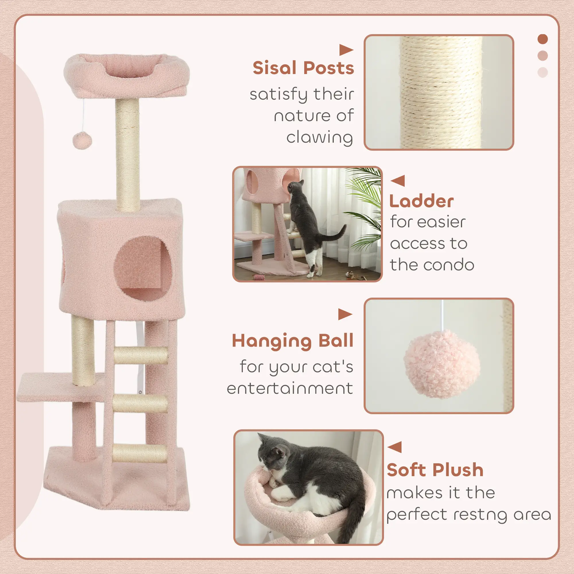 47" Tall Cat Tree Tower, Condo, Ladder, Scratching Posts, Pink - Image 5