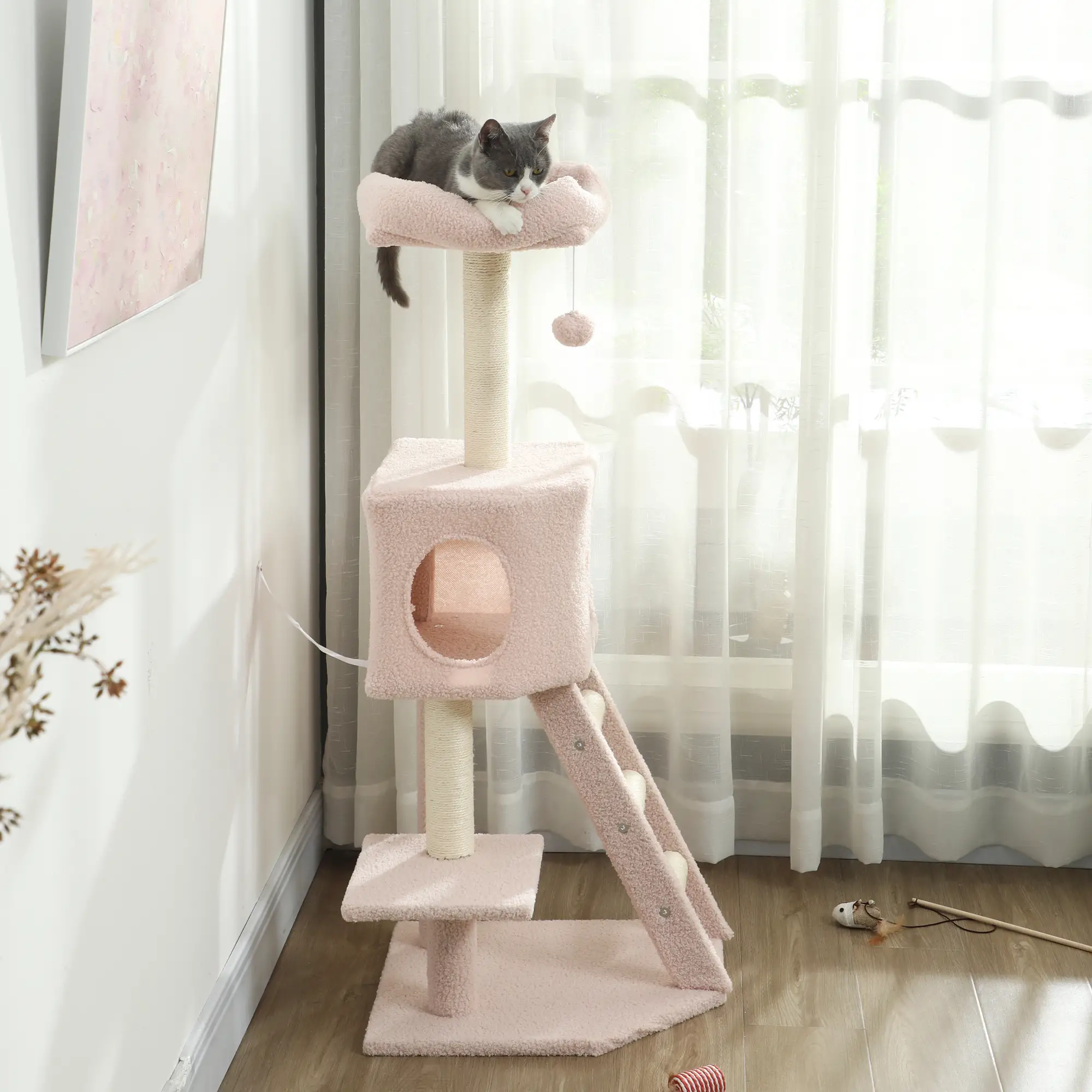 47" Tall Cat Tree Tower, Condo, Ladder, Scratching Posts, Pink - Image 7
