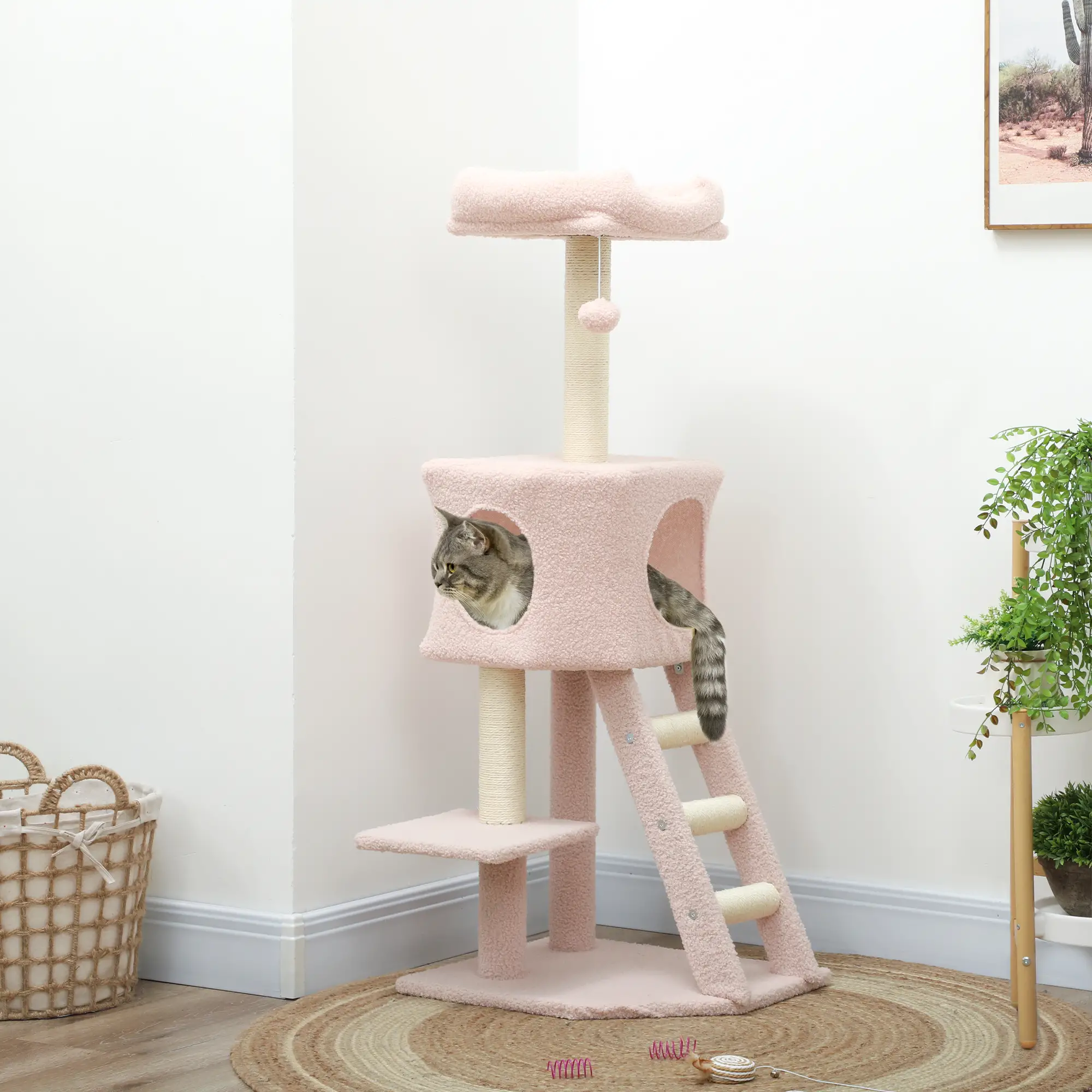 47" Tall Cat Tree Tower, Condo, Ladder, Scratching Posts, Pink - Image 8
