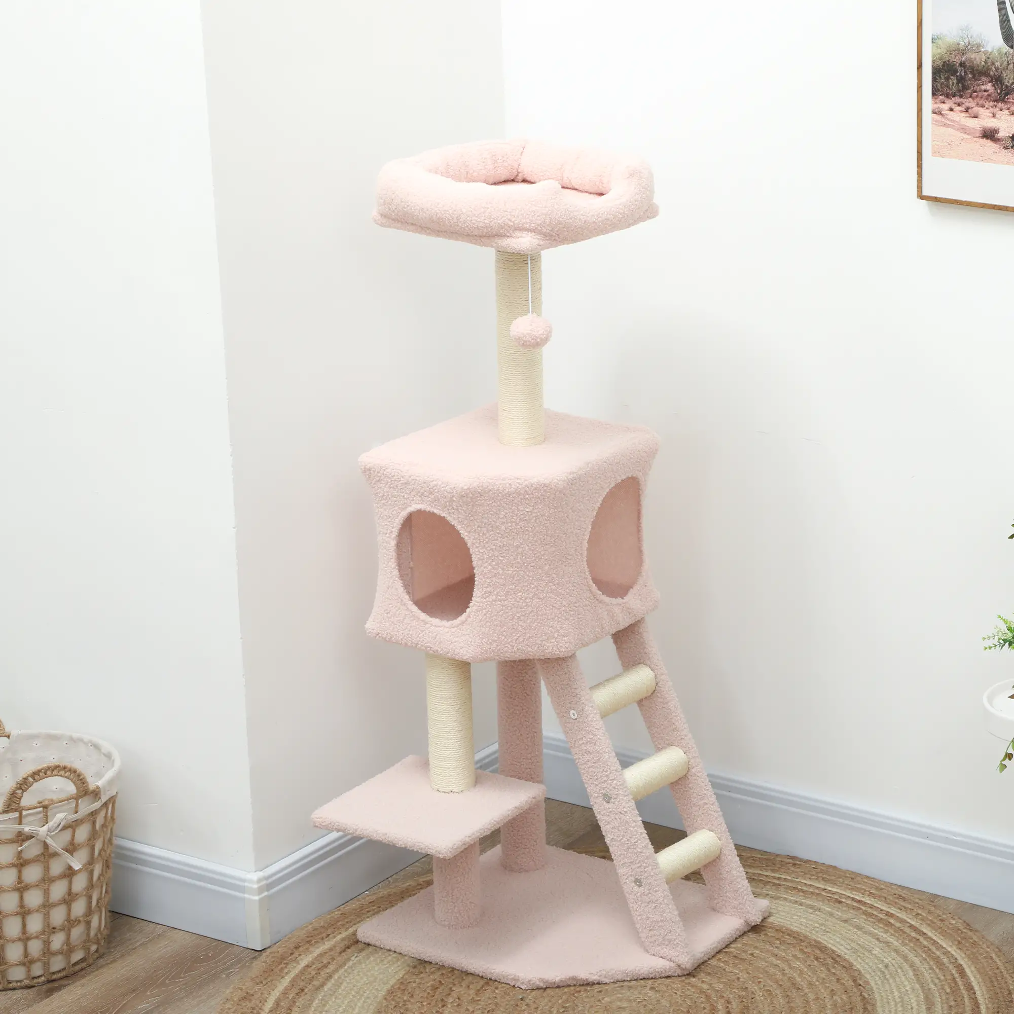 47" Tall Cat Tree Tower, Condo, Ladder, Scratching Posts, Pink - Image 9