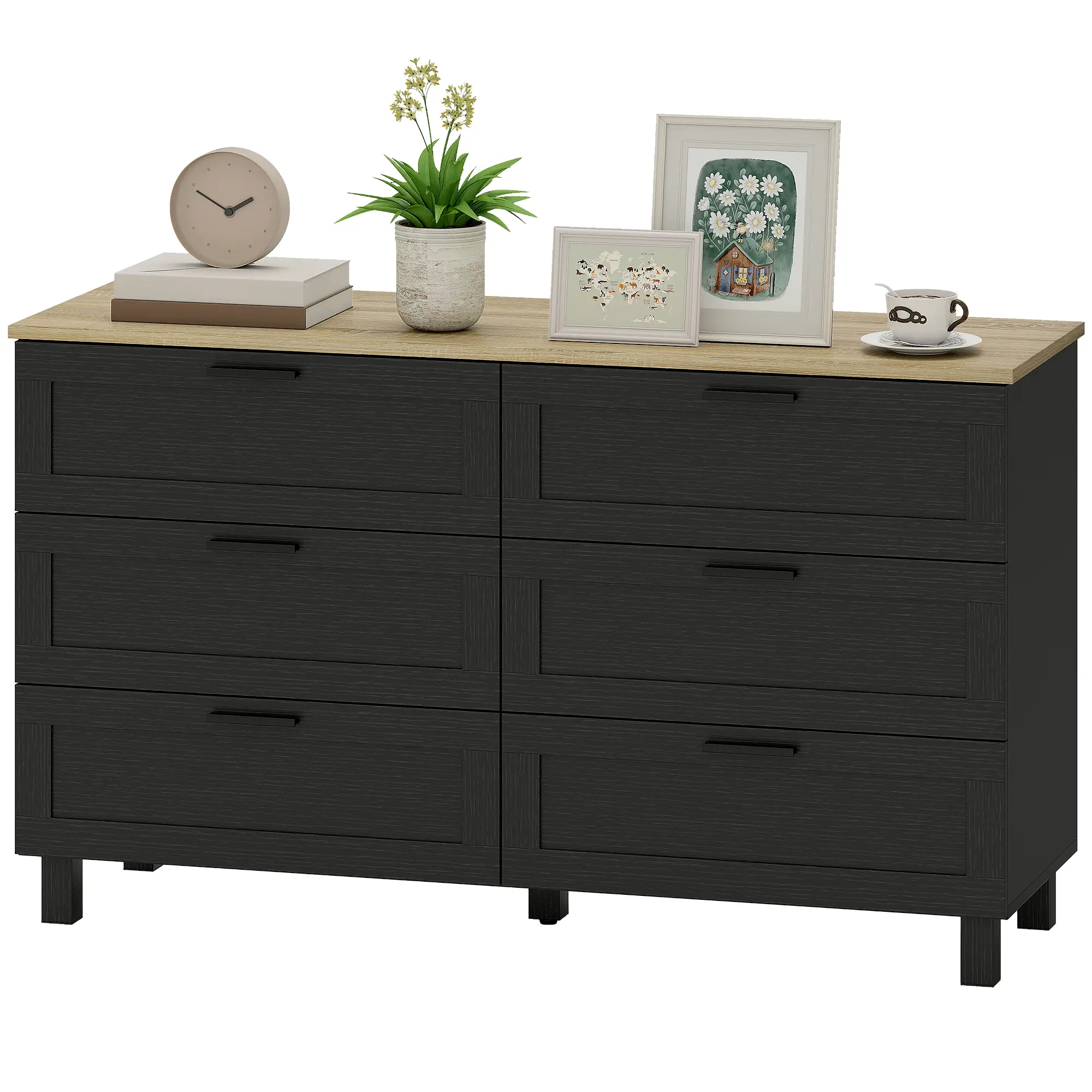 47" Wide Chest Of Drawers, Modern Dresser, 6 Drawers, Wood Legs, Black