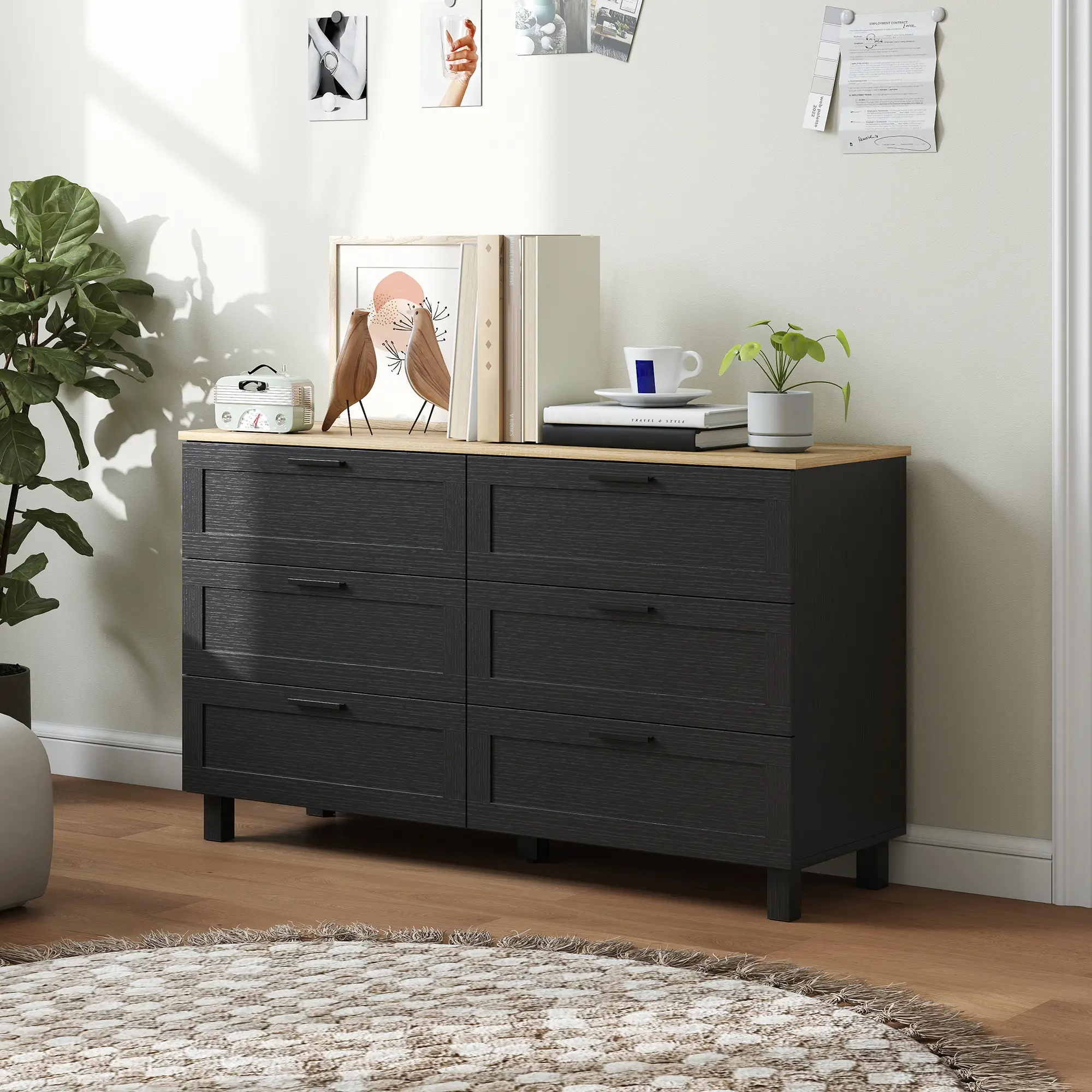 47" Wide Chest Of Drawers, Modern Dresser, 6 Drawers, Wood Legs, Black - Image 10