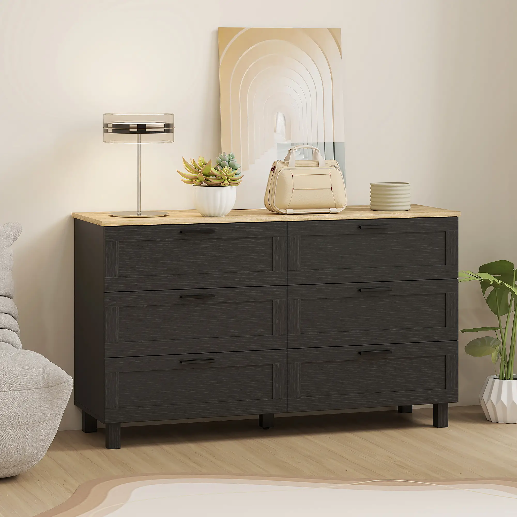 47" Wide Chest Of Drawers, Modern Dresser, 6 Drawers, Wood Legs, Black - Image 2