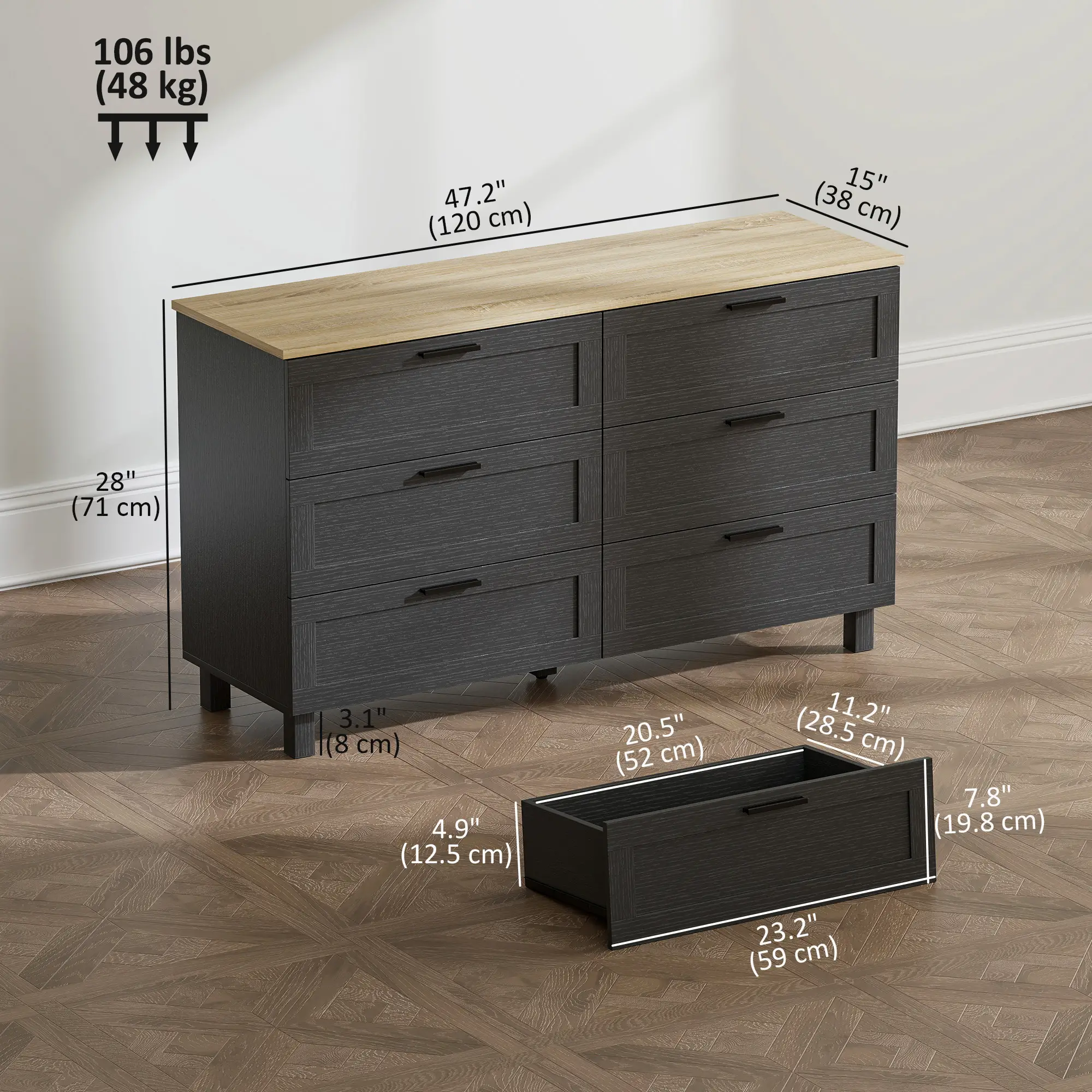 47" Wide Chest Of Drawers, Modern Dresser, 6 Drawers, Wood Legs, Black - Image 3