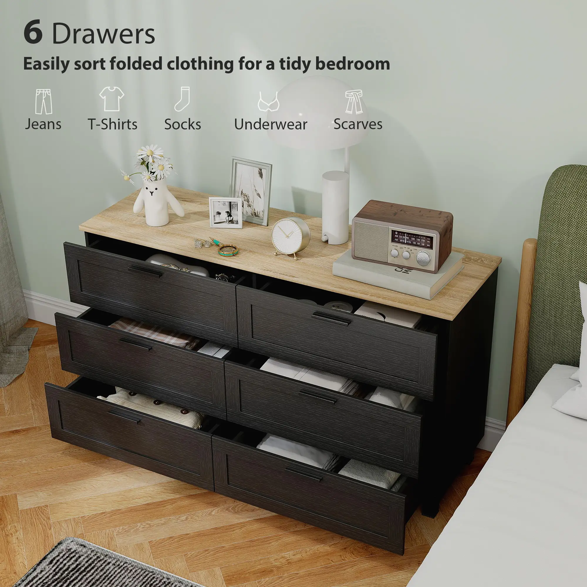 47" Wide Chest Of Drawers, Modern Dresser, 6 Drawers, Wood Legs, Black - Image 4