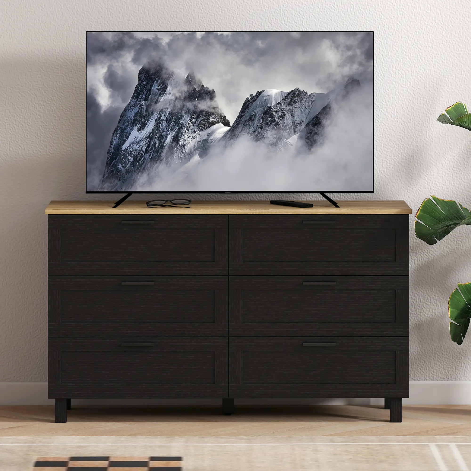 47" Wide Chest Of Drawers, Modern Dresser, 6 Drawers, Wood Legs, Black - Image 5