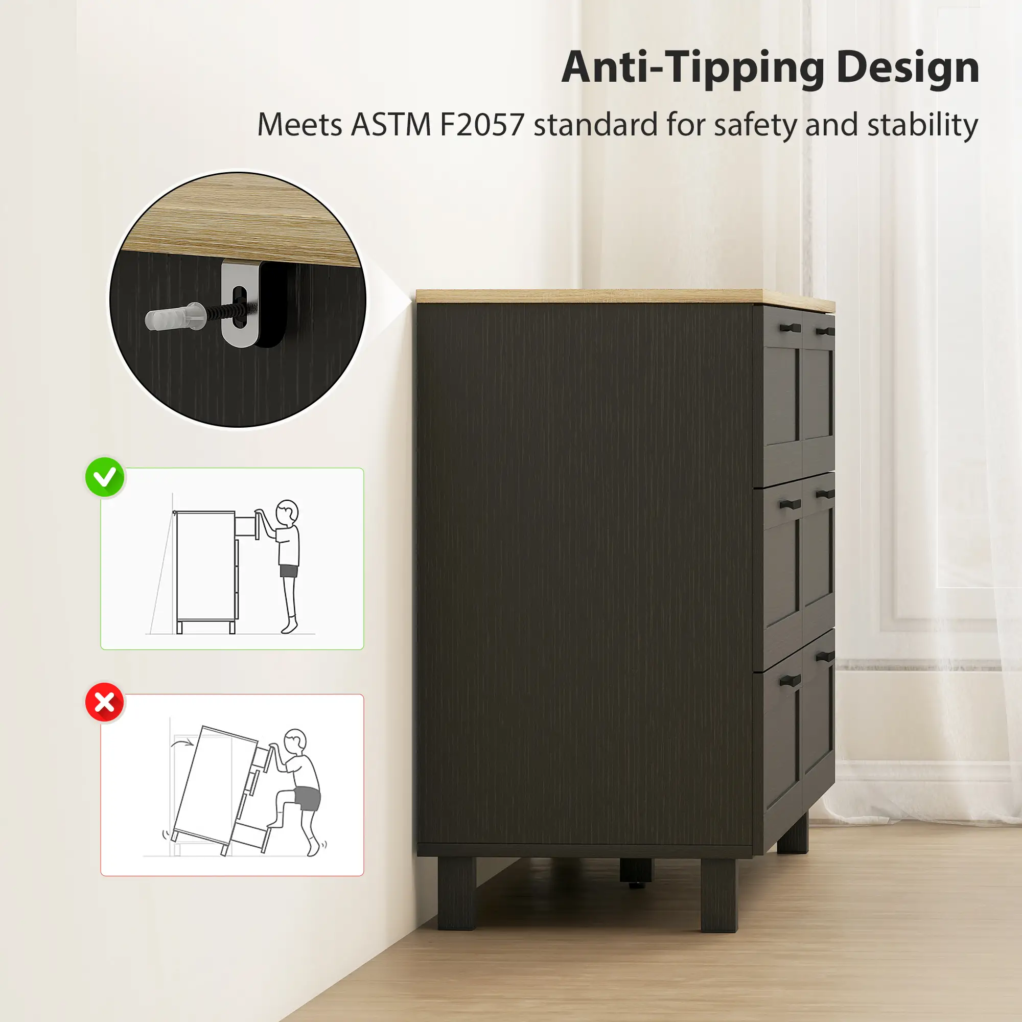47" Wide Chest Of Drawers, Modern Dresser, 6 Drawers, Wood Legs, Black - Image 6