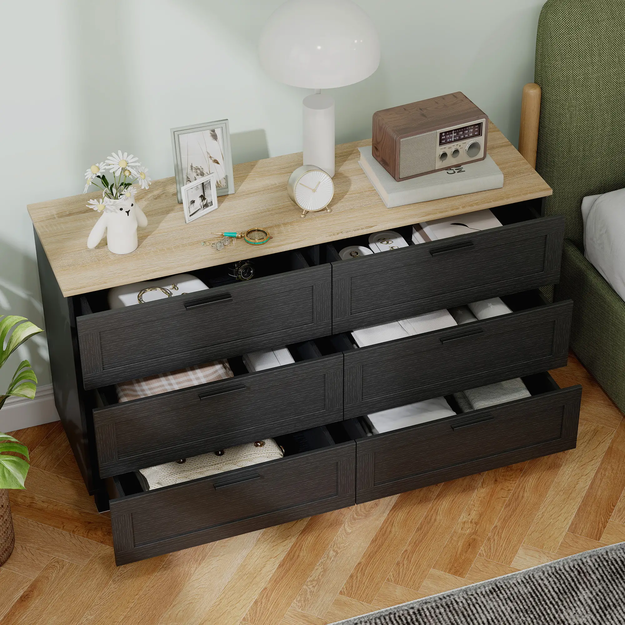 47" Wide Chest Of Drawers, Modern Dresser, 6 Drawers, Wood Legs, Black - Image 7