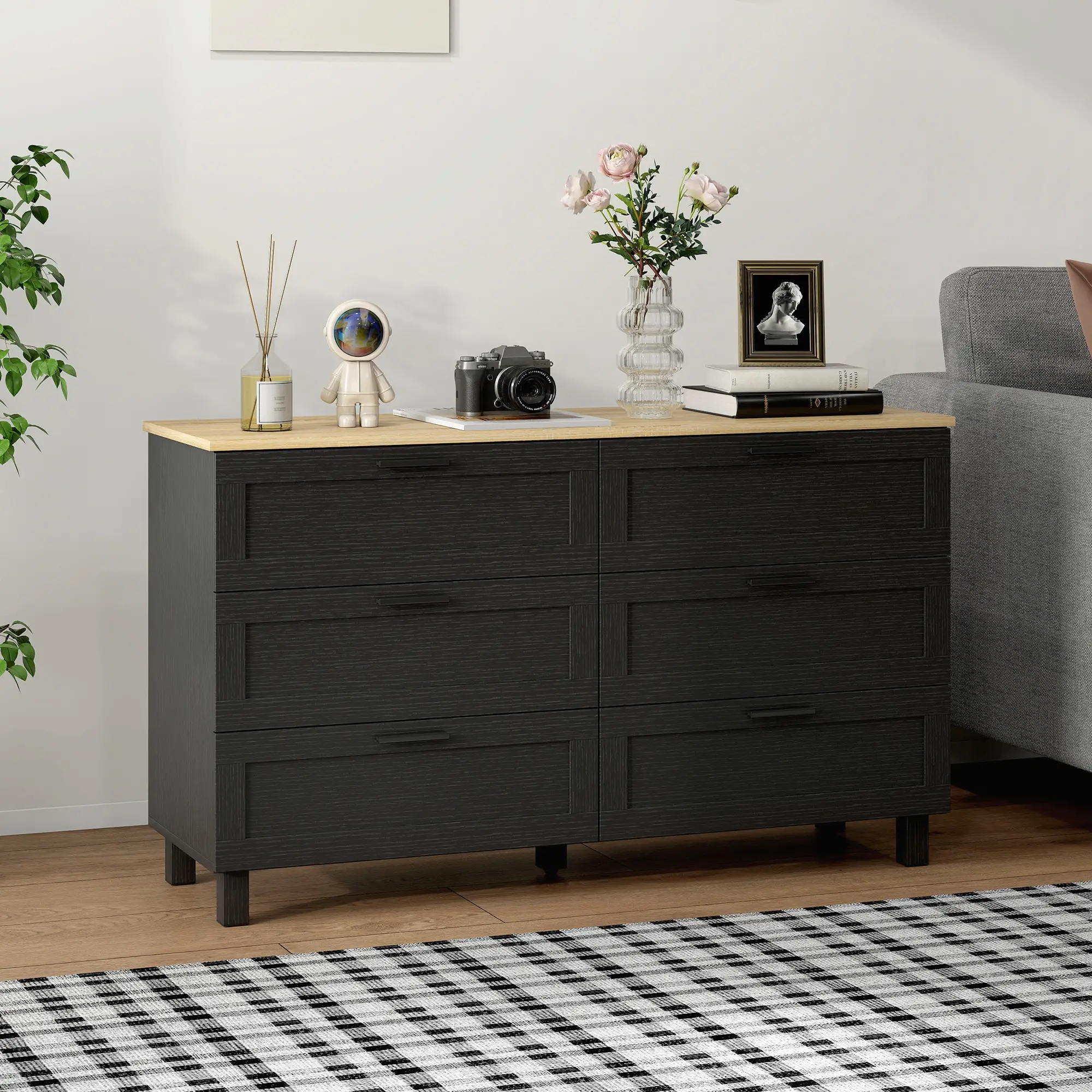 47" Wide Chest Of Drawers, Modern Dresser, 6 Drawers, Wood Legs, Black - Image 8