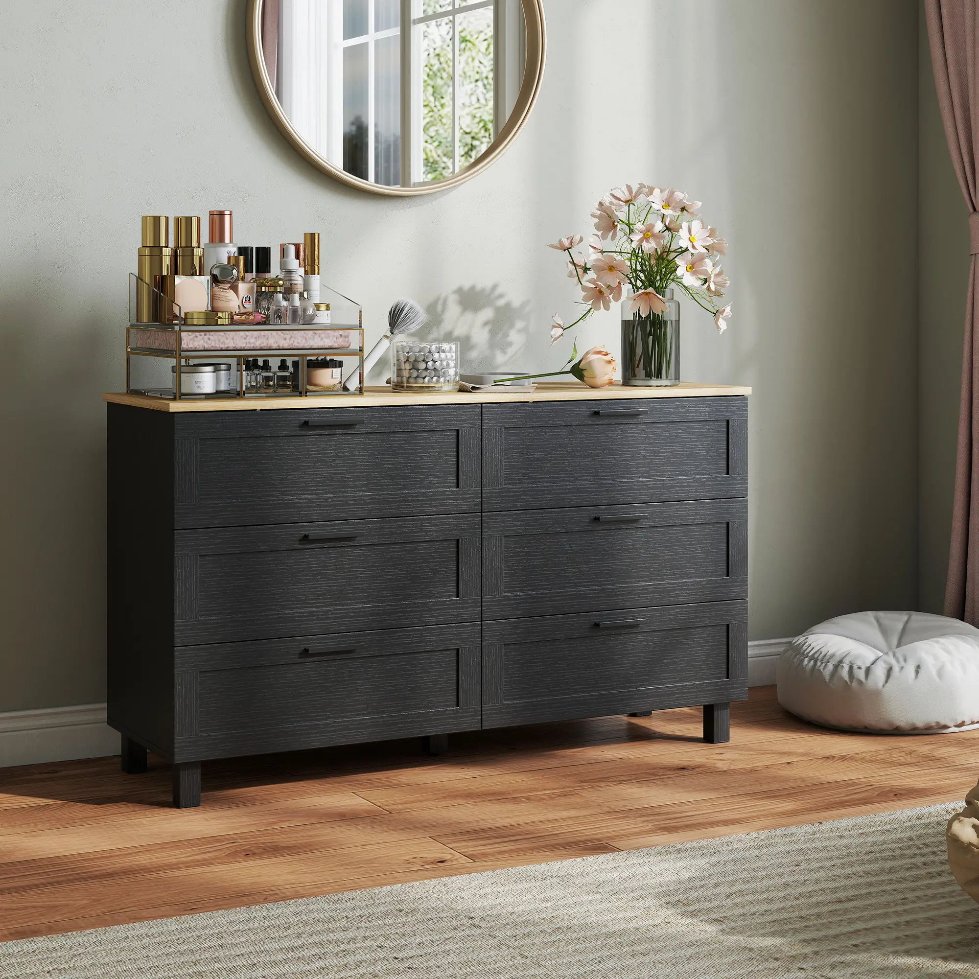 47" Wide Chest Of Drawers, Modern Dresser, 6 Drawers, Wood Legs, Black - Image 9