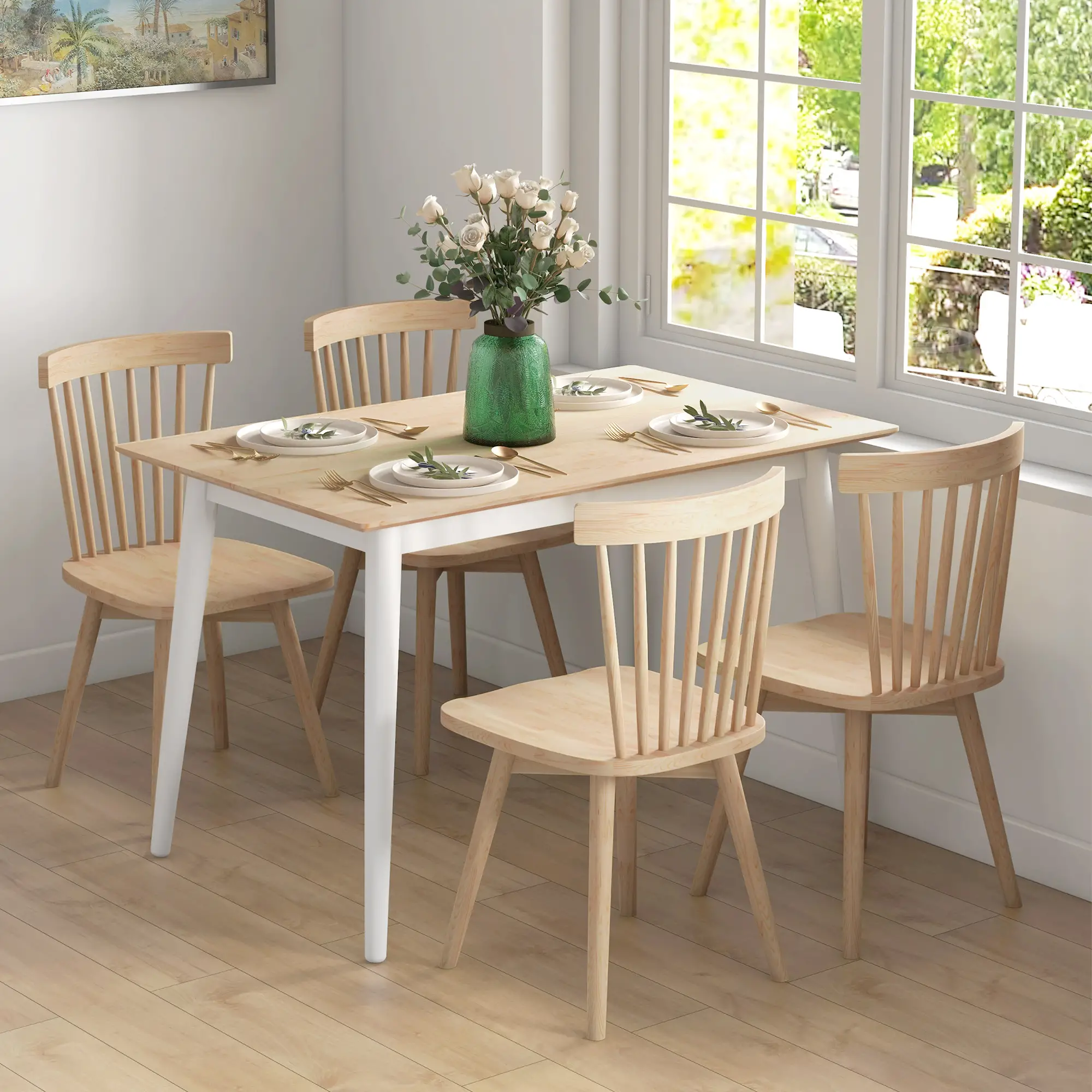 47" x 30" Dining Table, Farmhouse Dining Room Table with Pine Wood Frame and Angled Legs, Natural - Image 2