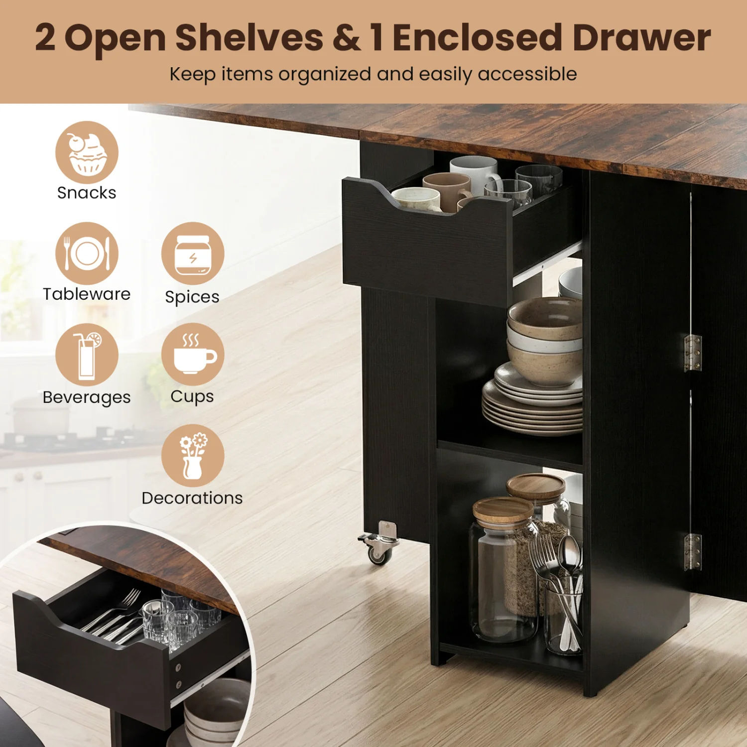 47.5 Inch Farmhouse Extendable Wooden Dinner Table with Lockable Wheels, Rustic Brown - Image 10