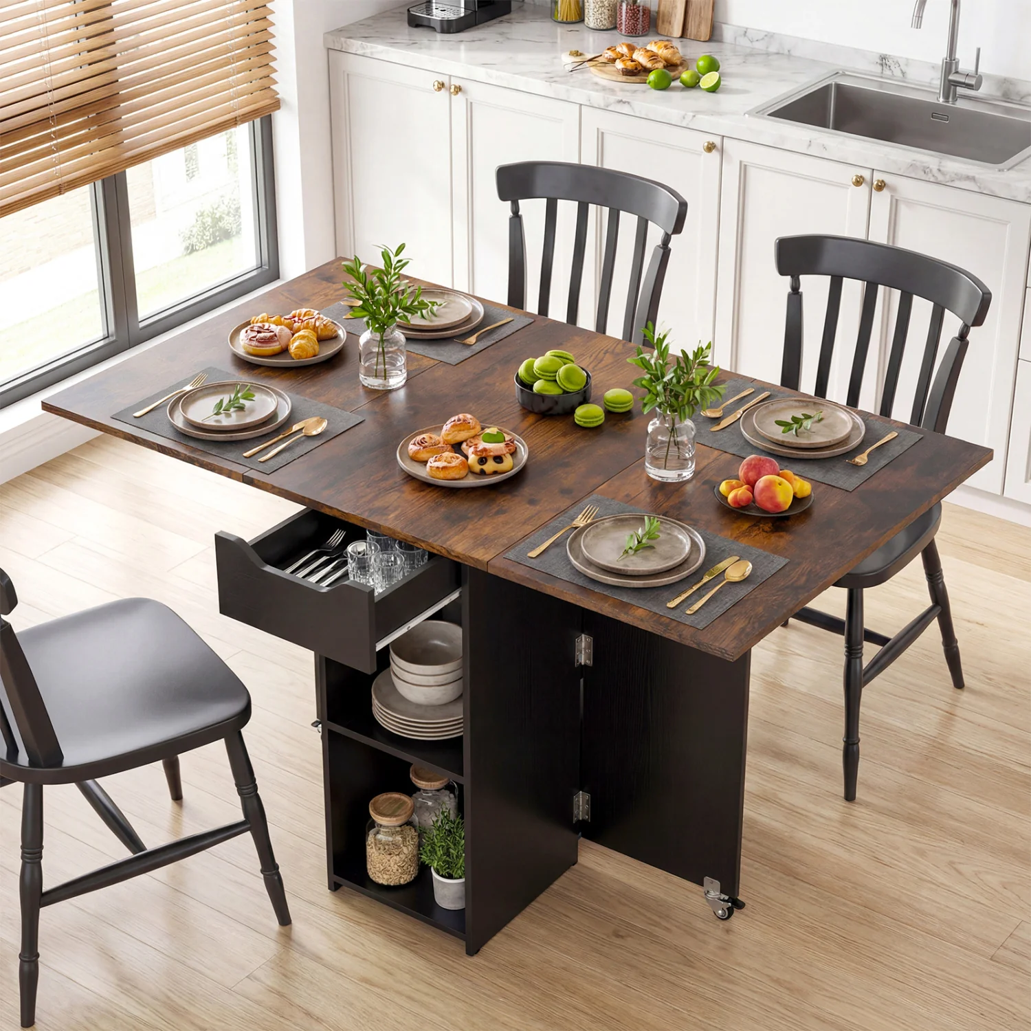 47.5 Inch Farmhouse Extendable Wooden Dinner Table with Lockable Wheels, Rustic Brown - Image 3