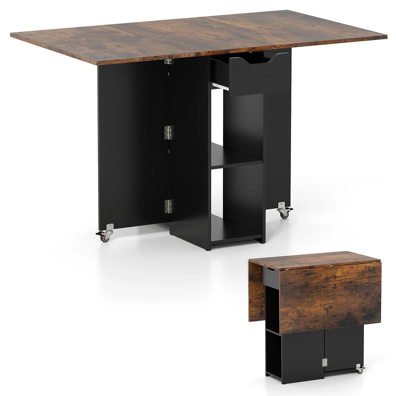47.5 Inch Farmhouse Extendable Wooden Dinner Table with Lockable Wheels, Rustic Brown - Image 4
