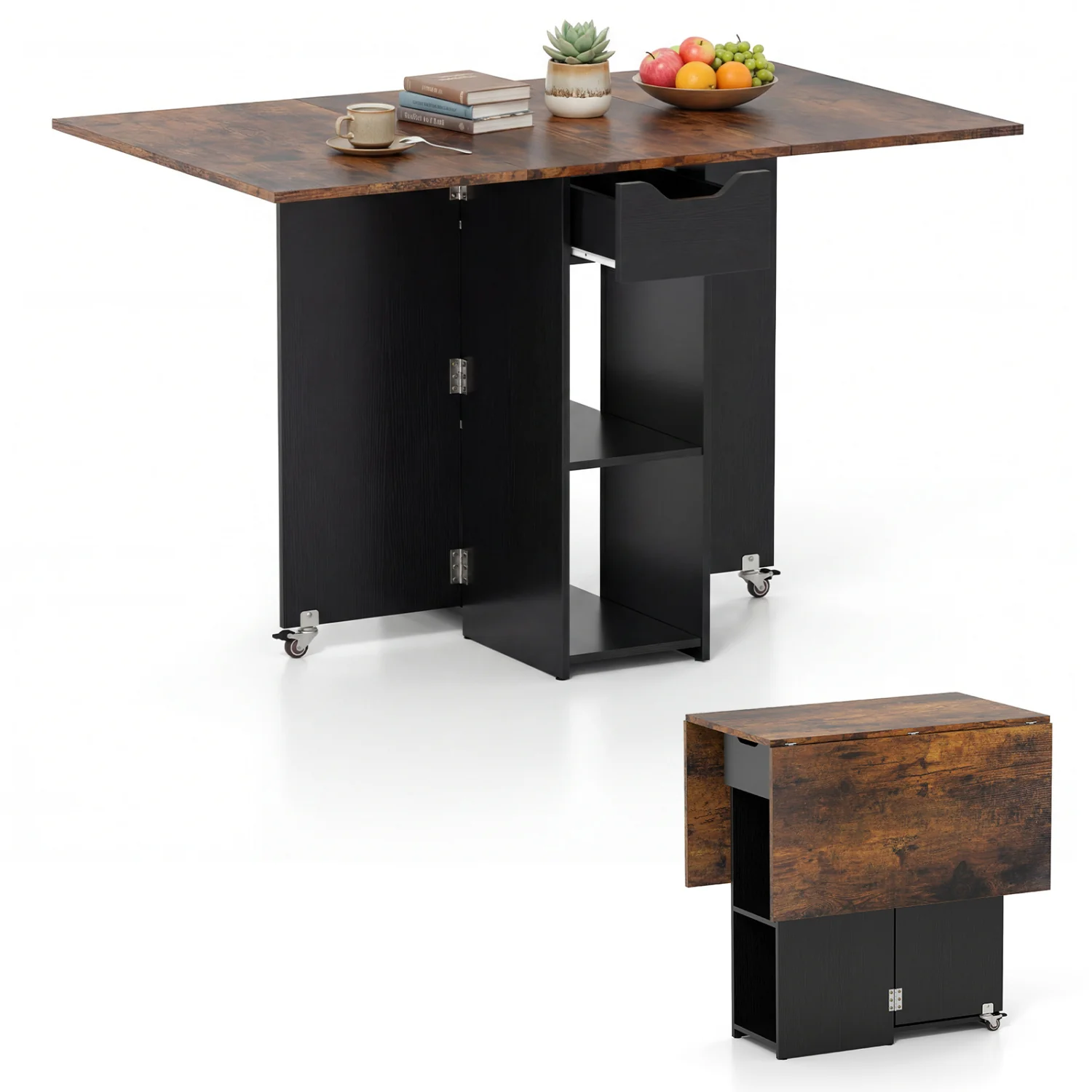 47.5 Inch Farmhouse Extendable Wooden Dinner Table with Lockable Wheels, Rustic Brown - Image 5