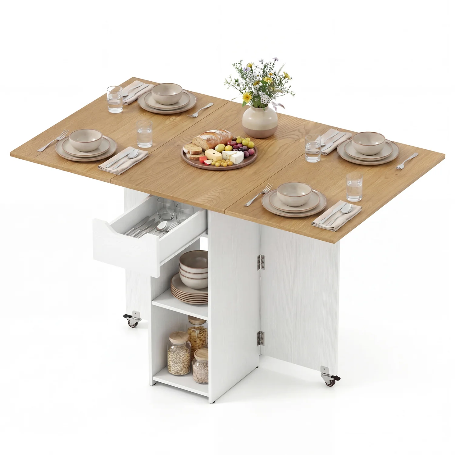 47.5 Inch Farmhouse Extendable Wooden Dinner Table with Lockable Wheels, White