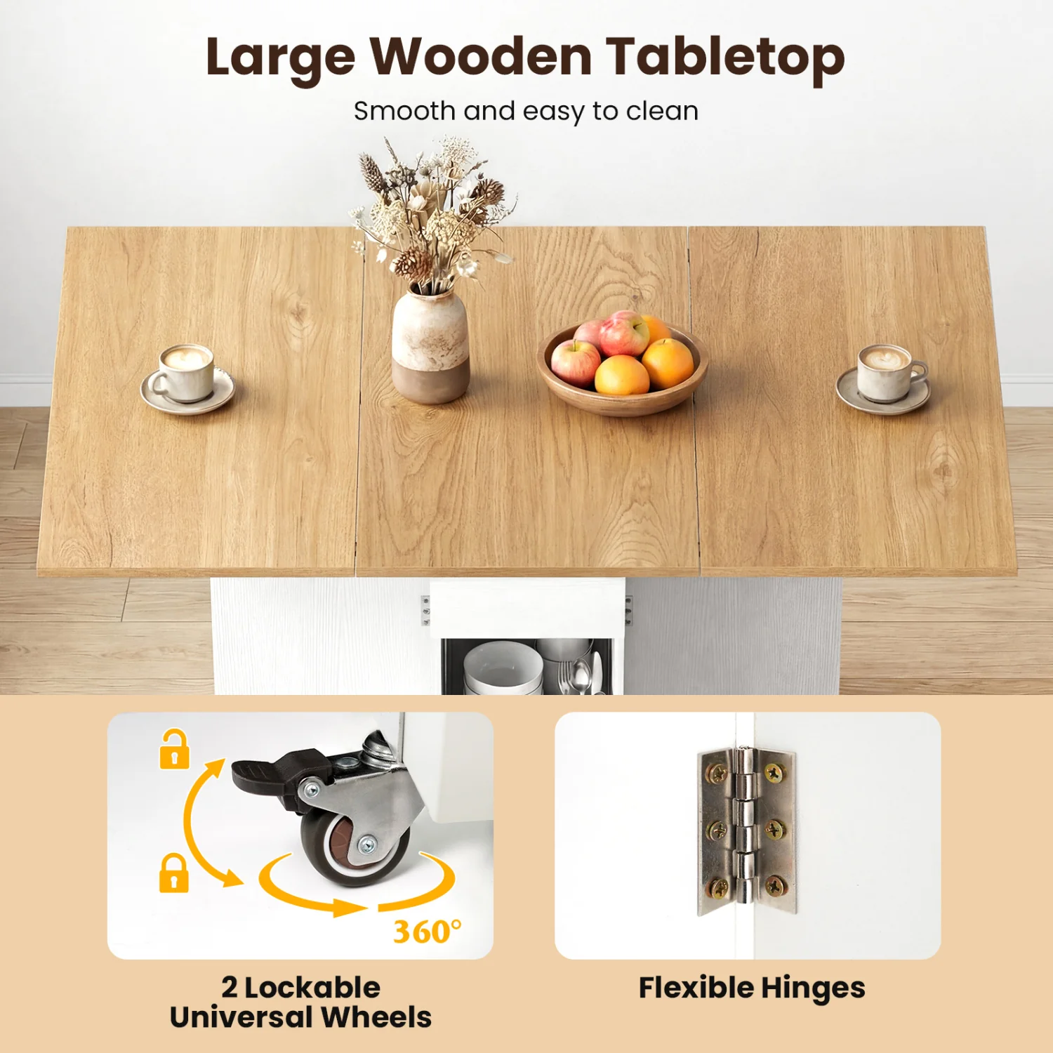 47.5 Inch Farmhouse Extendable Wooden Dinner Table with Lockable Wheels, White - Image 10