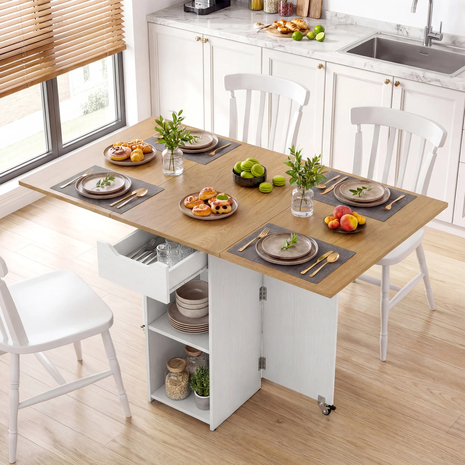 47.5 Inch Farmhouse Extendable Wooden Dinner Table with Lockable Wheels, White - Image 2