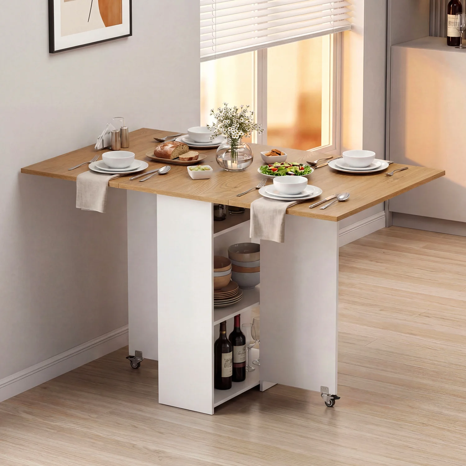 47.5 Inch Farmhouse Extendable Wooden Dinner Table with Lockable Wheels, White - Image 3